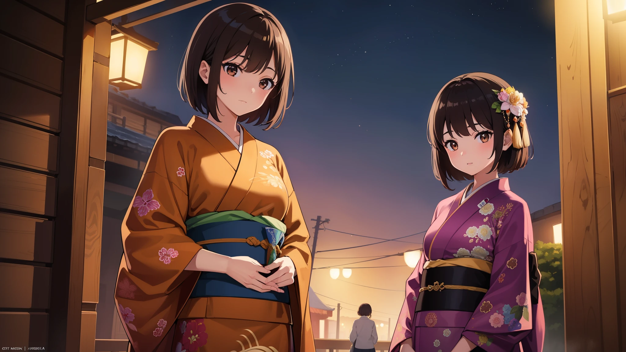 2 girls, best quality, ultra high resolution, short hair, brown hair, brown eyes, colorful kimono, looking at viewer, night, detailed scene, UHD, masterpiece, high detail, high quality, award-winning, 8k