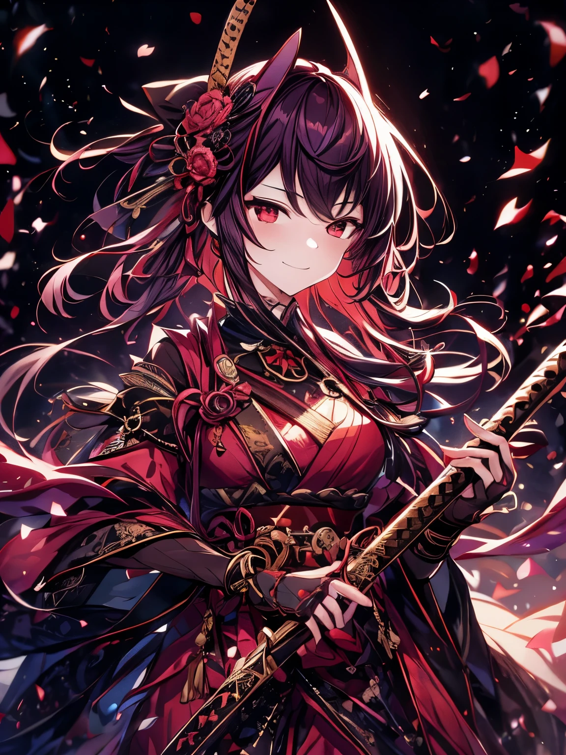 best quality,4K,high resolution),Ultradetailliert,realistisch,portrait, Lila Samurai Sukkubus mit einen katana dunkelrotem Haar, a purple-dark red spring dress with gold trim and bright red eyes, Leuchtende Farben, delicate features, seductive glance, Charming smile, wallende Haare, sanfte Beleuchtung