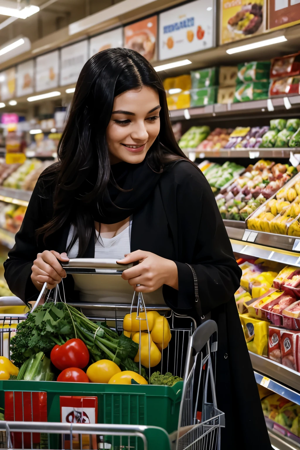 Picture prompt: In the hustle and bustle of a sprawling supermarket, a multitude of people engage in frenetic shopping activities. The scene unfolds across a canvas of 1125px in width and 810px in height.

A sea of shoppers, each with their distinctive features and expressions, traverse the narrow aisles laden with a wide array of goods. A woman, clad in business attire, scrutinizes vegetable produce with an occasional smile playing on her lips. Her long, dark hair cascades behind her, wrapping her in a veil of mystery.

Beside her, a young boy, no older than thirteen
