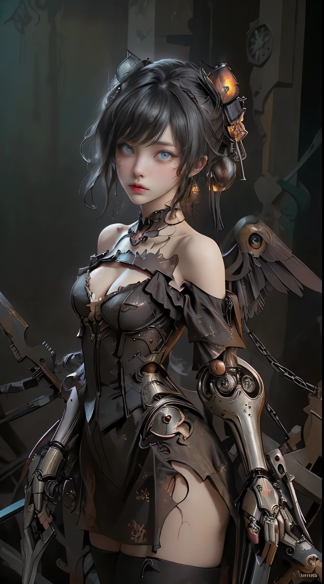Mechanical doll girl, cute and adorable, (((decadent surrealism))), (((ultra realistic))), (((realistic and accurate eyes))), (((intricate mechanical wings))), very short bob with bangs, matted black hair, flared pleated miniskirt with lace and frills, (((deteriorating and decaying and rusting, clothes shredded and torn, metal rusted, very overdone steampunk, goth and ta, off-the-shoulder, Victorian rococo style))), deteriorating, rotting and rusting, clothes torn to shreds, rusted metal, background detail, organic, lots of gears, (((very dark dramatic film-like lighting, very dark ruins, deep depth of field))), (((very large slanted big eyes))), long eyelashes, thin nose, small mouth, beige lips, thin chin, clear white glossy skin, slender body.