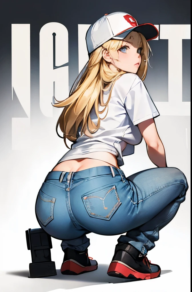a close up of a woman in a whit T-shirt and micro denim hotpants holding a gun, blonde long hair, baseballcap, fine details. female action anime girl, anime full body illustration, urban war area, (from behind), gun action, big butt, ((wedgie pants)), get down on one knee