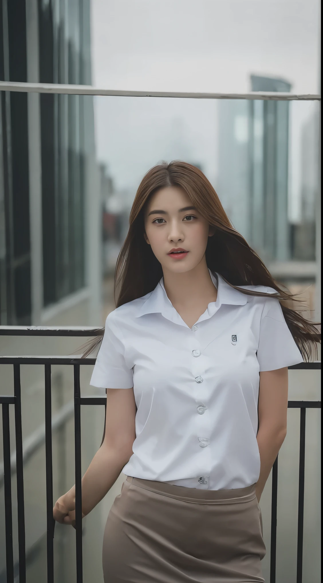 ((Morning, Best quality, 8k, Masterpiece)), Whole body, Long legs, Sharp focus, A pretty woman with perfect figure, Slender abs, ((Dark brown hair, Medium breasts)), (student uniform, Short pants, Standing), ((City view, Street)), Highly detailed face and skin texture, Detailed eyes, Double eyelid