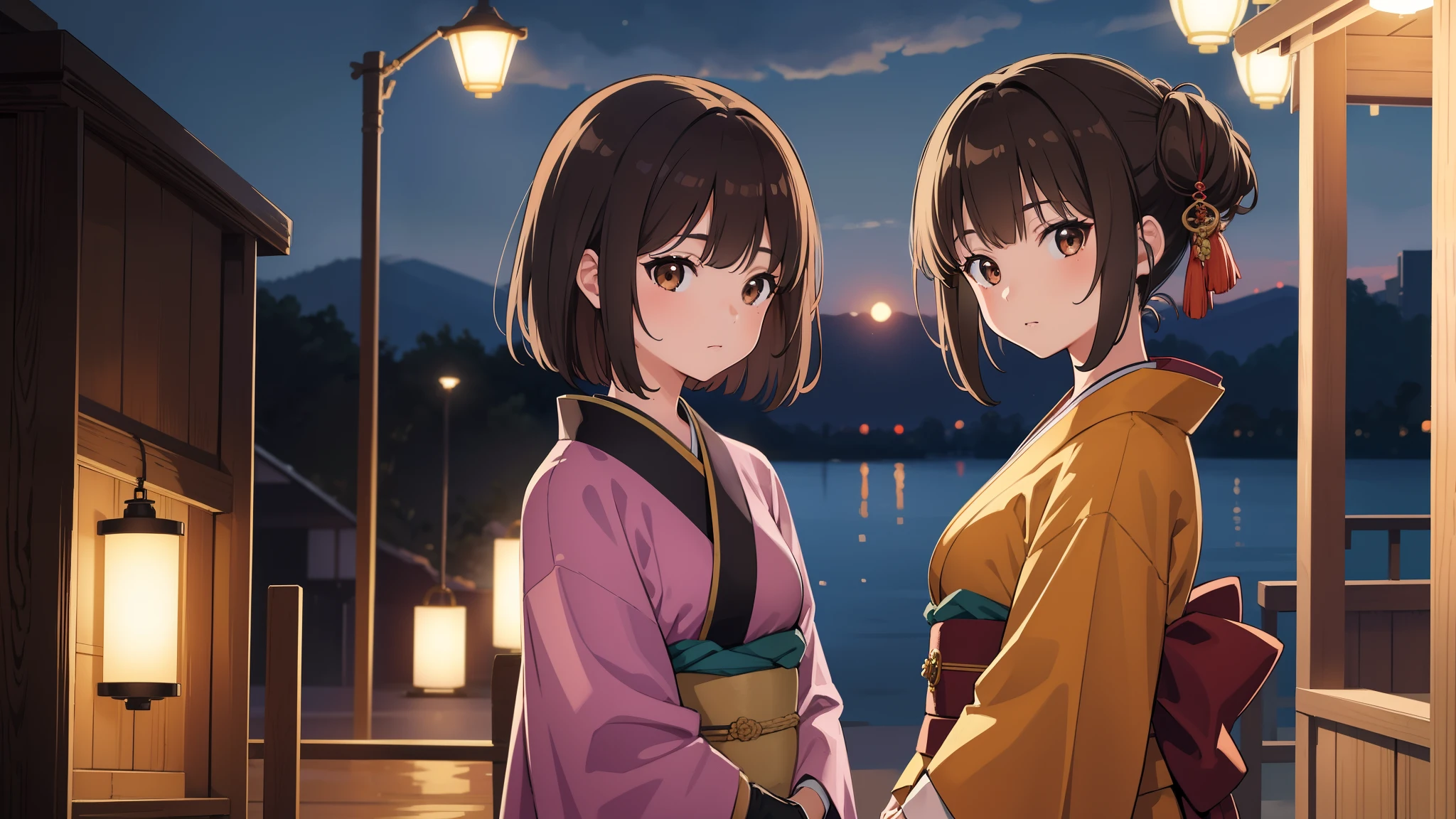 2 girls, best quality, ultra high resolution, short hair, brown hair, brown eyes, colorful kimono, looking at viewer, night, detailed scene, UHD, masterpiece, high detail, high quality, award-winning, 8k