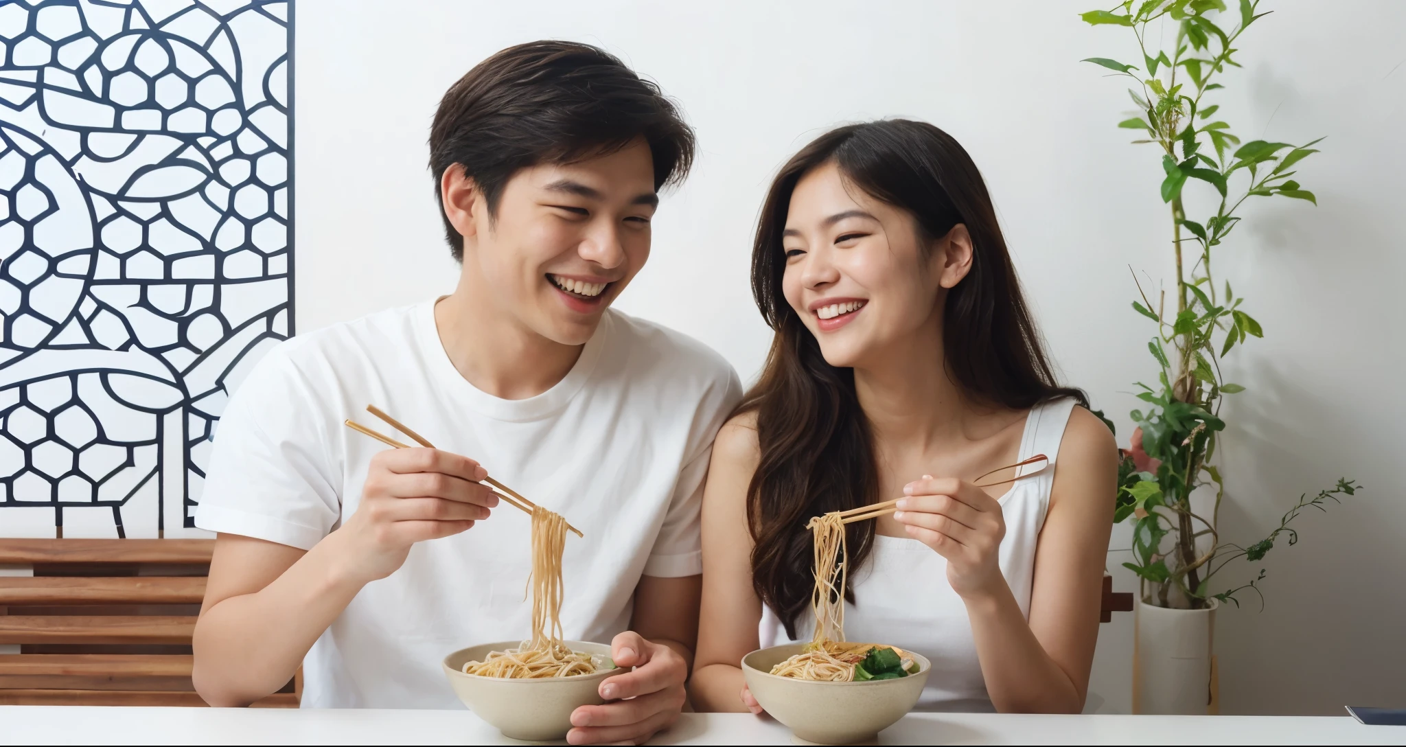 they are eating noodles together and smiling for the camera, eating noodles, eating ramen, food advertisement, happy couple, photoshoot, noodles, couple, eating, smiling couple, healthy, ramen, ad image, lovely couple, promo image, advertising photo, inspired by Tan Ting-pho, food commercial 4 k, eats pasta all the time, lifestyle, realism art, eating spaghetti