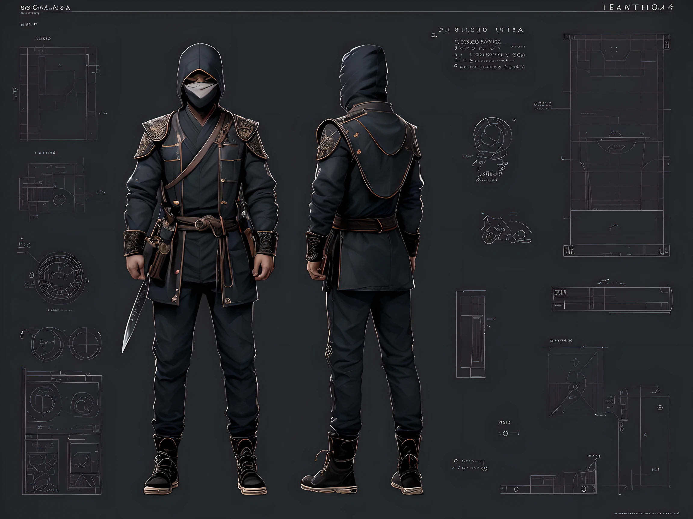 Character Design Sheet, , character reference sheet, character turn around, a Ninja, (Ninja Costume: Dressed in black with black ink all over his body, chain mail inside it, ink on his face, a ninja sword on his back, he sneaks into enemy territory in the shadows of the night), trending on artstation, pixiv, cgsociety, hyperdetailed Unreal Engine 4k 8k ultra HD, (masterpiece, best quality, ultra-detailed), illustration, disheveled hair, detailed eyes, perfect composition, moist skin, intricate details, Blueprint Schematic Drawing, , technical drawing, blueprint, schematic