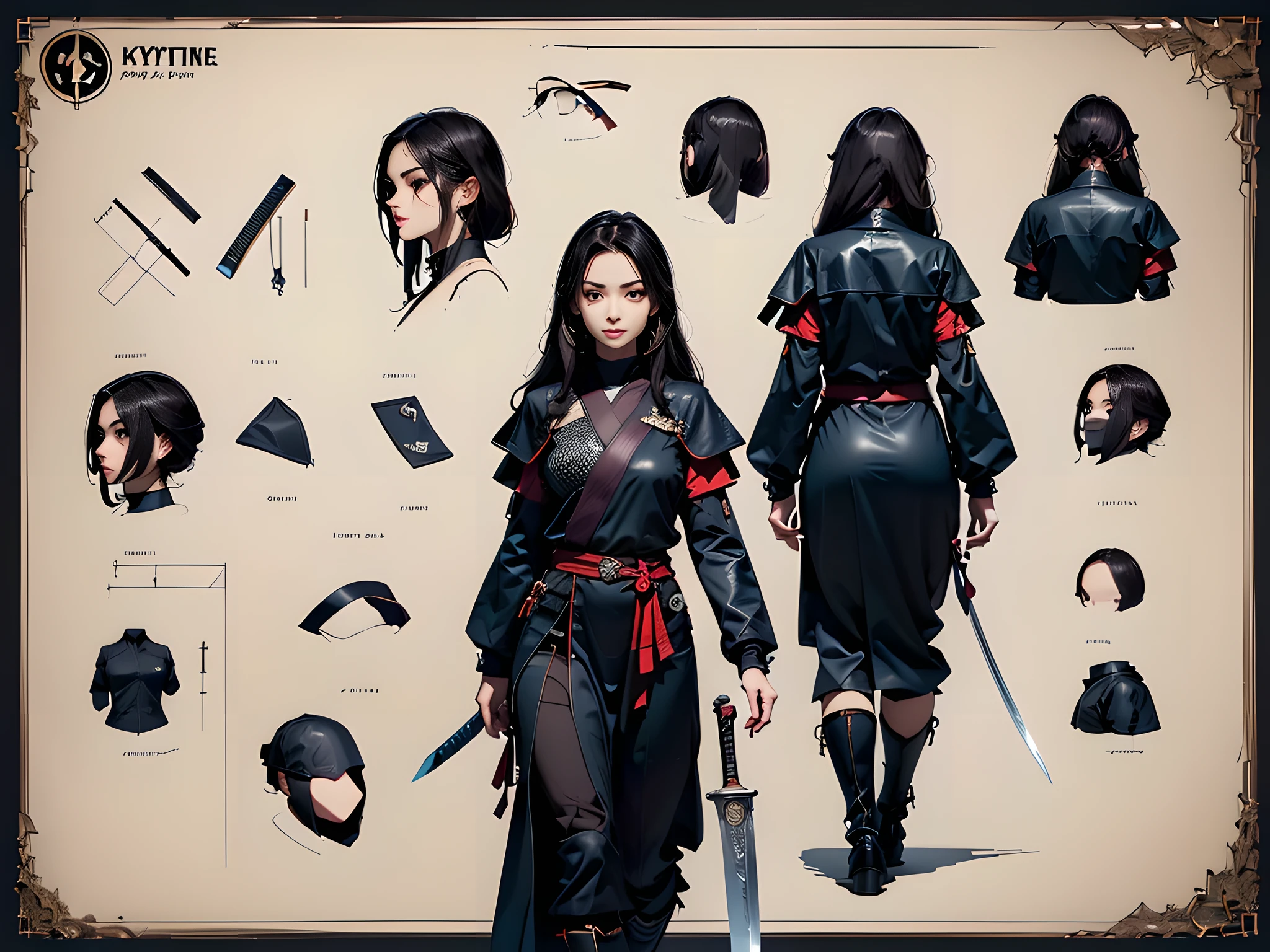 Character Design Sheet, , character reference sheet, character turn around, a Ninja, (Ninja Costume: Dressed in black with black ink all over his body, chain mail inside it, ink on his face, a ninja sword on his back, he sneaks into enemy territory in the shadows of the night), trending on artstation, pixiv, cgsociety, hyperdetailed Unreal Engine 4k 8k ultra HD, (masterpiece, best quality, ultra-detailed), illustration, disheveled hair, detailed eyes, perfect composition, moist skin, intricate details, Blueprint Schematic Drawing, , technical drawing, blueprint, schematic