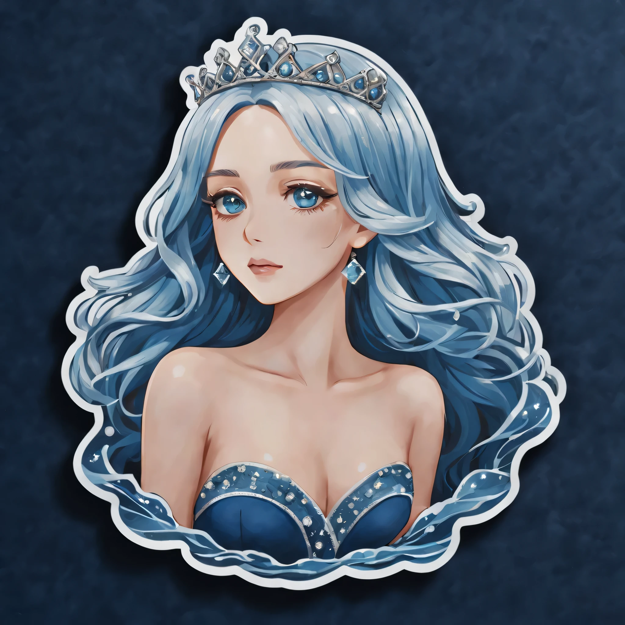(a sticker,),(3d anime girl),skirt, grace,beautiful face,light blue wavy hair,Wearing a small silver diamond crown,(In circlerow dark blue ocean background), ( boundary)(oil painting style), Super detailed, best quality, Detailed illustration, vectorized, 8k, Professional sticker design, Graphic design, vector line, a sticker, Full HD