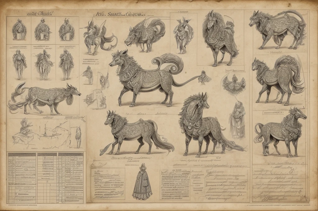 Image: An ancient character design sheet featuring a detailed character description, various angles, and detailed  sketches.

Descriptive keywords: Intricate, historical, mythical, intricate details, character analysis

Photographic style: High-resolution digital rendering with detailed textures to bring out the intricacies of the character design and .

Tone: Mysterious, ancient, scholarly

Object: A stylized mythical creature

Action: Depict the creature in a poised stance, showcasing its majestic stature and intricate design details.