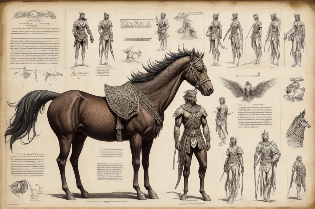Image: An ancient character design sheet featuring a detailed character description, various angles, and detailed  sketches.

Descriptive keywords: Intricate, historical, mythical, intricate details, character analysis

Photographic style: High-resolution digital rendering with detailed textures to bring out the intricacies of the character design and .

Tone: Mysterious, ancient, scholarly

Object: A stylized mythical creature

Action: Depict the creature in a poised stance, showcasing its majestic stature and intricate design details.