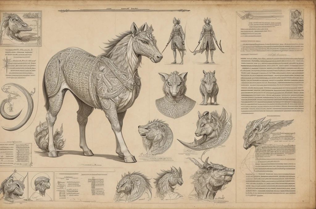 Image: An ancient character design sheet featuring a detailed character description, various angles, and detailed anatomy sketches.
Descriptive keywords: Intricate, historical, mythical, intricate details, character analysis
Photographic style: High-resolution digital rendering with detailed textures to bring out the intricacies of the character design and anatomy.
Tone: Mysterious, ancient, scholarly
Object: A stylized mythical creature
Action: Depict the creature in a poised stance, showcasing its majestic stature and intricate design details.