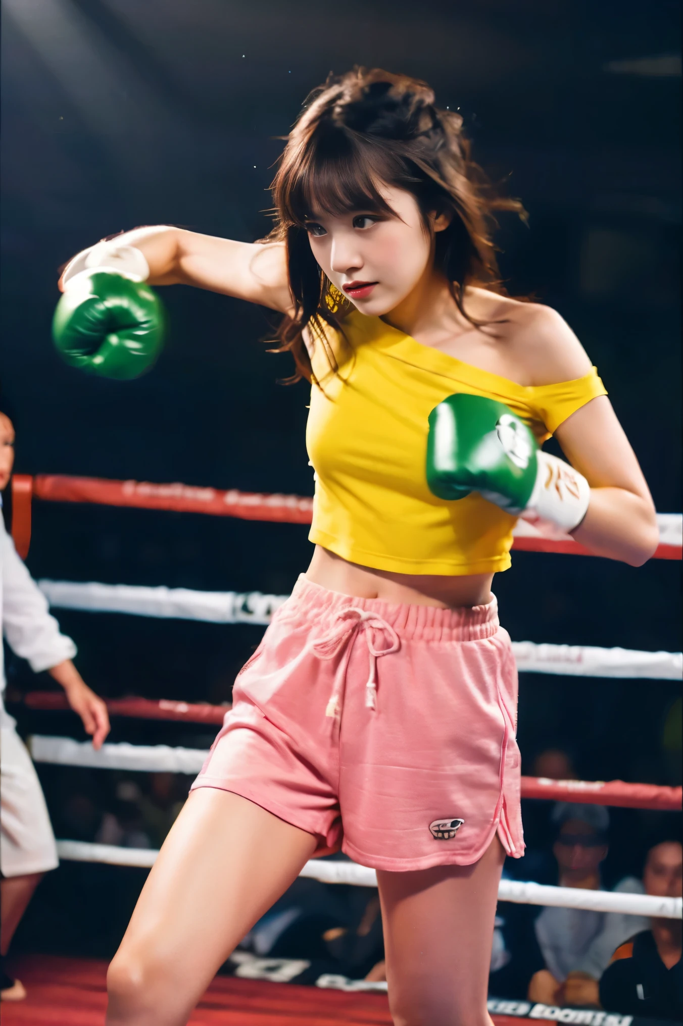 masterpiece, real photos, reality, 8k, high resolution, {{1 girl}}, {{highest quality}}, 15 years old、高校のcute女の子, skinny high school boy, girl wearing pink and yellow t-shirt, girl with pink boxing gloves, shorts, Off-the-shoulder girls、cute、pastel colour、plump thighs、big breasts、stand in the boxing ring、dark background、girl illuminated by light、fighting pose