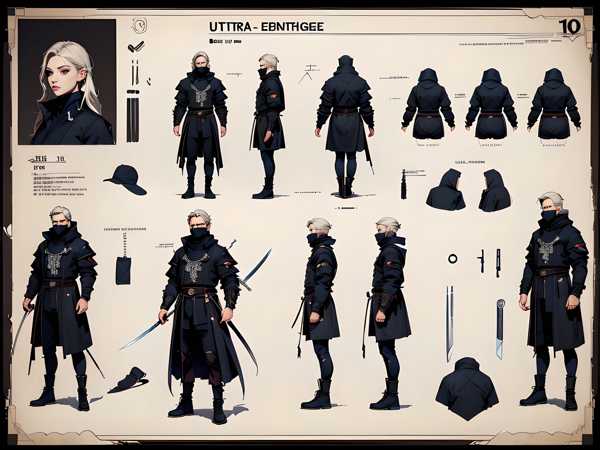 Character Design Sheet, , character reference sheet, character turn around, a Ninja, (Ninja Costume: Dressed in black with black ink all over his body, chain mail inside it, ink on his face, a ninja sword on his back, he sneaks into enemy territory in the shadows of the night), trending on artstation, pixiv, cgsociety, hyperdetailed Unreal Engine 4k 8k ultra HD, (masterpiece, best quality, ultra-detailed), illustration, disheveled hair, detailed eyes, perfect composition, moist skin, intricate details, Blueprint Schematic Drawing, , technical drawing, blueprint, schematic