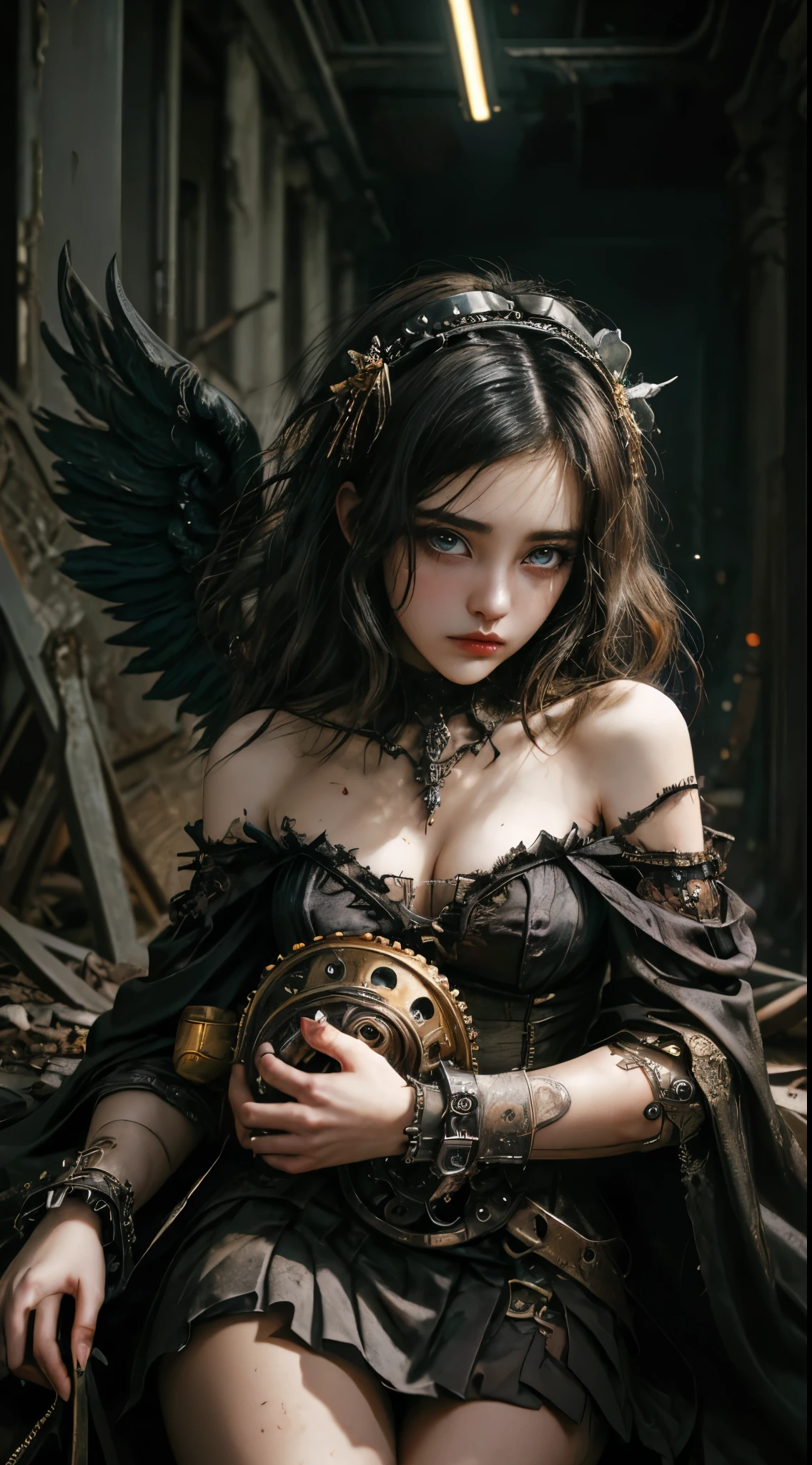 Mechanical girl, (((ultra realistic photo, deep field frequency))), (((Victorian rococo style, deteriorating and decaying and rusting, clothes shredded and torn, metal rusted, very overdone steampunk, goth and ta, off-the-shoulder))), (((intricate mechanical wings))), very short bob with bangs, matted black hair, flared pleated miniskirt with lace and frills, ((best quality)), ((masterpiece)), cute and adorable, anatomically correct, deteriorating, rotting and rusting, clothes torn to shreds, rusted metal, background detail, organic, lots of gears, (((very dark dramatic film-like lighting, very dark ruins, deep depth of field))), (((very large slanted big eyes))), long eyelashes, thin nose, small mouth, beige lips, thin chin, clear white glossy skin, slender body, Creates a very realistic yet very dreamlike texture, immersing the viewer in a mesmerizing visual experience, very dramatically improved overall accuracy, beautifully rendered with striking contrast for visual impact, award winning, (((16K, UHD, top quality, masterpiece, highly detailed))).