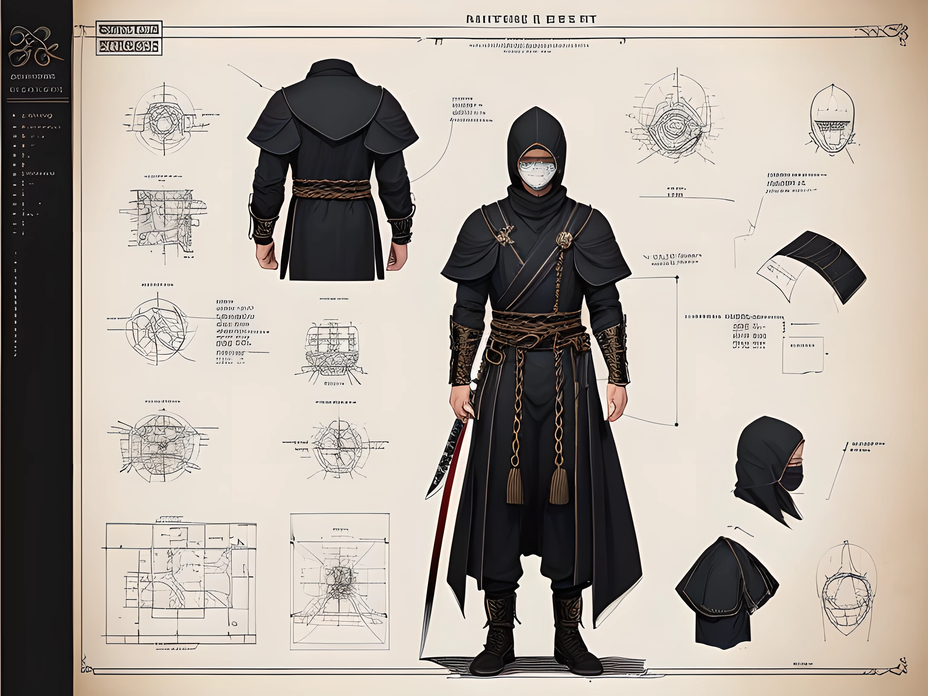 Character Design Sheet, , character reference sheet, character turn around, a Ninja, (Ninja Costume: Dressed in black with black ink all over his body, chain mail inside it, ink on his face, a ninja sword on his back, he sneaks into enemy territory in the shadows of the night), trending on artstation, pixiv, cgsociety, hyperdetailed Unreal Engine 4k 8k ultra HD, (masterpiece, best quality, ultra-detailed), illustration, disheveled hair, detailed eyes, perfect composition, moist skin, intricate details, Blueprint Schematic Drawing, , technical drawing, blueprint, schematic