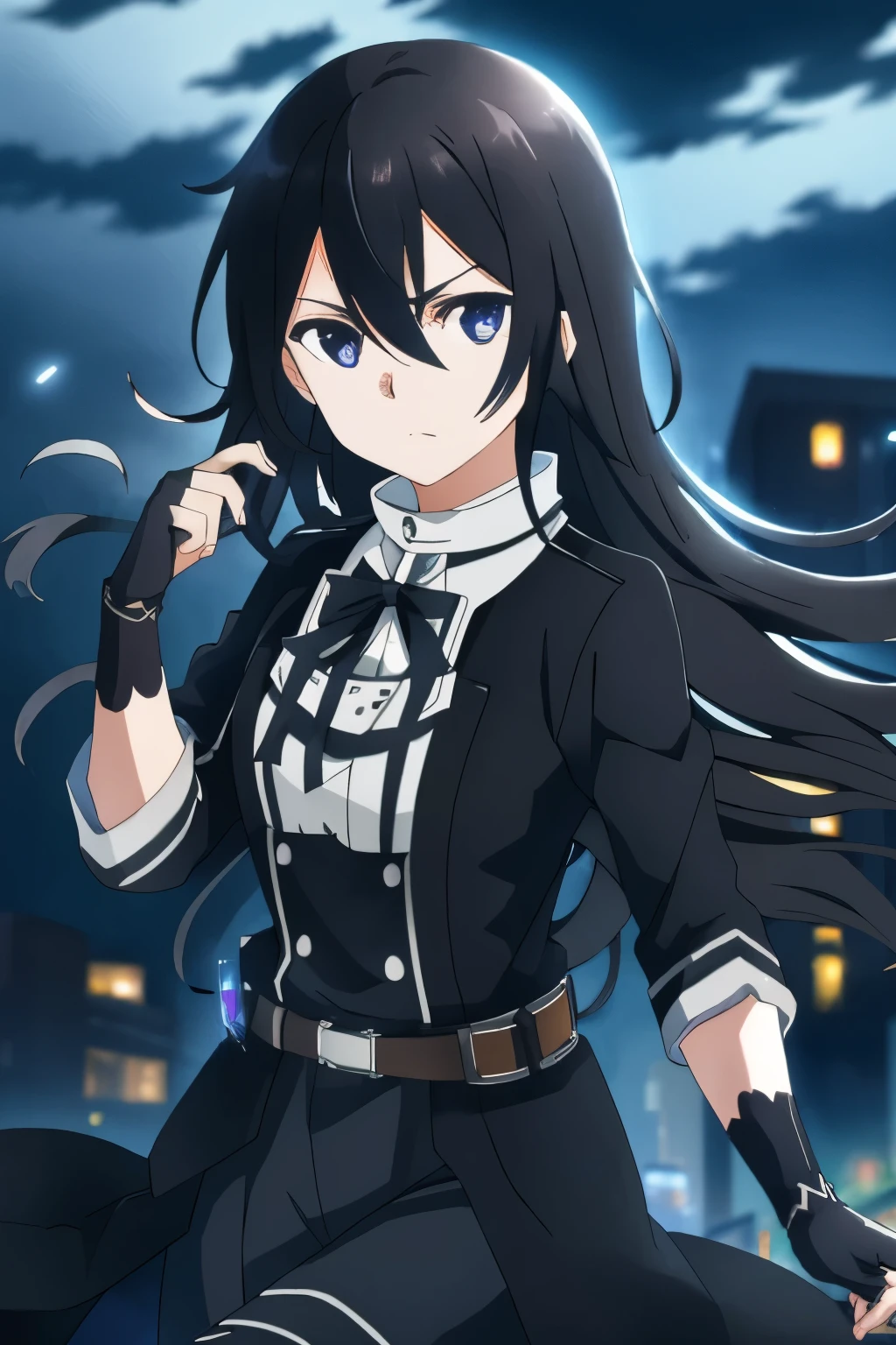 1girl, cowboy shot, beautiful kirito_ggo, long hair, black hair, black eyes, outdoors, kirito_suit, night,city , volumetric lighting, best quality, masterpiece, intricate details, tonemapping, sharp focus, hyper detailed, trending on Artstation