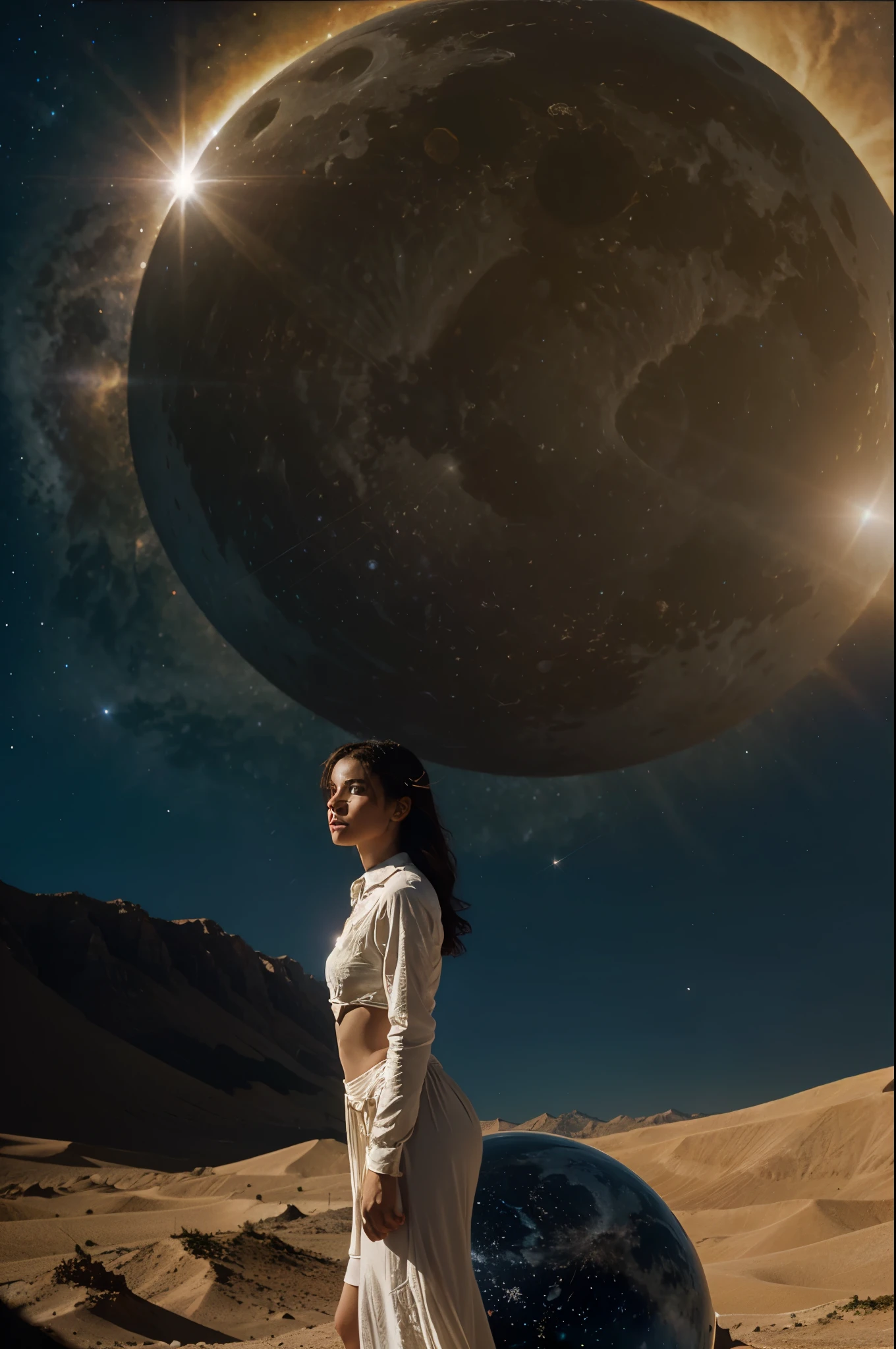  cinematografica, angel in a celestial cosmic environment between the sun and moon in the background of the landscape.