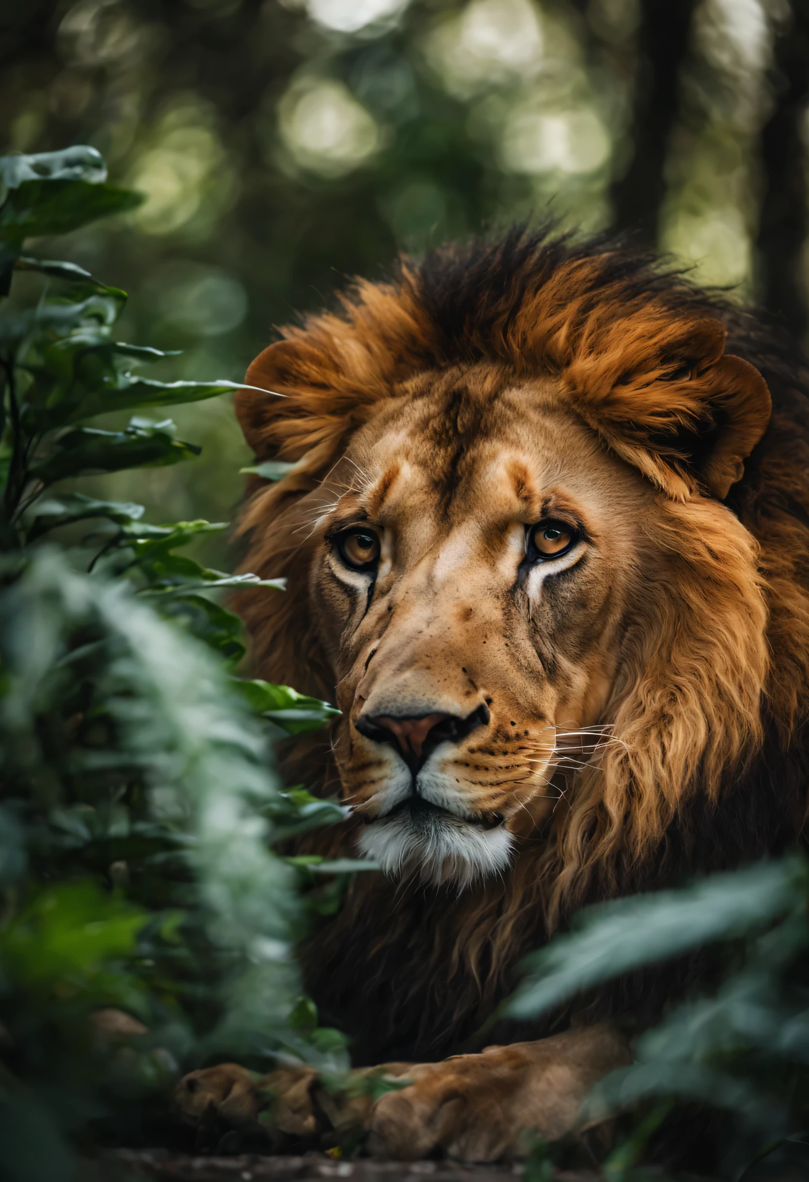 lion'In the darkness of dense jungle,her eyes sparkle, 只有一头lion's eyes come from plants