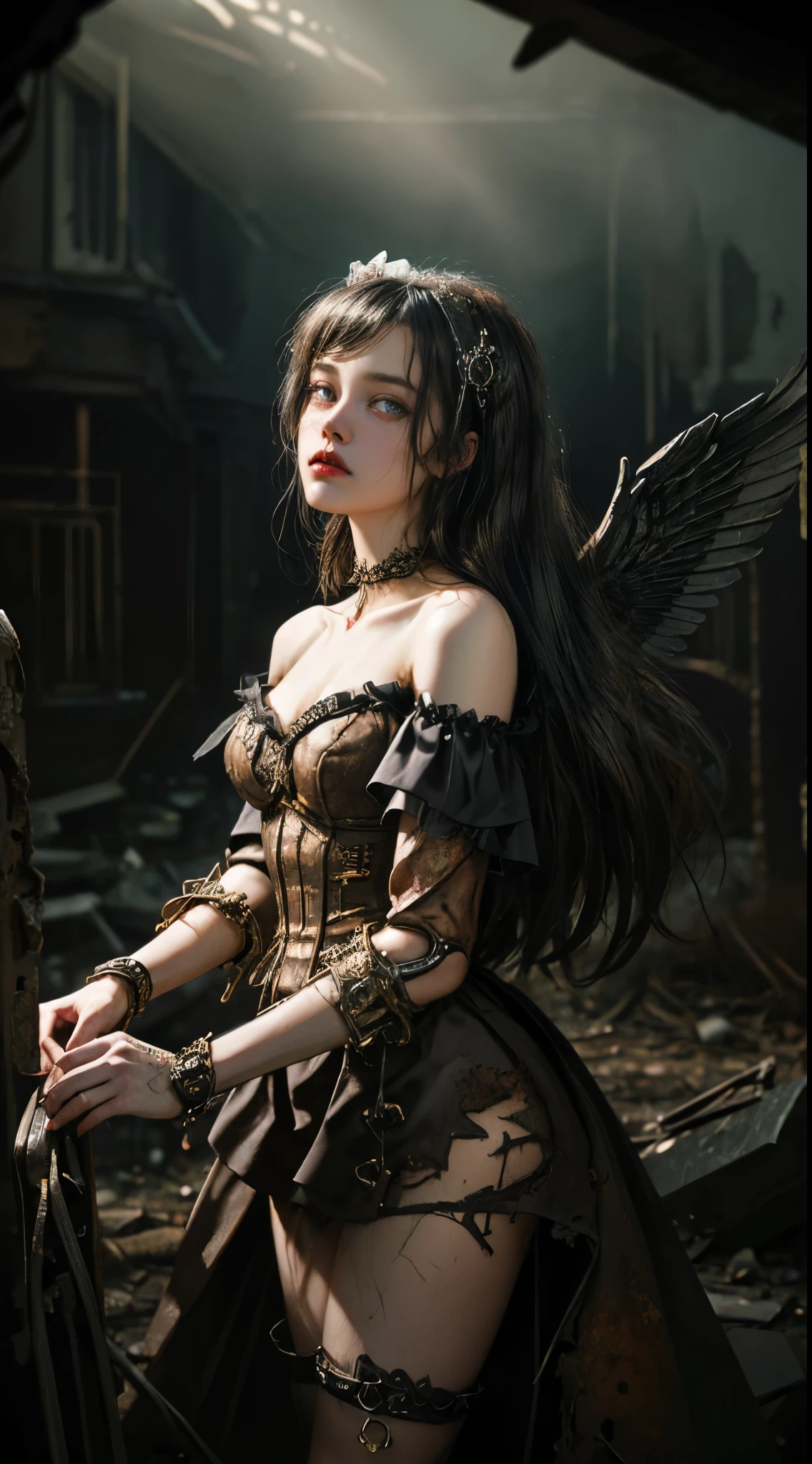 Mechanical girl, (((ultra realistic photo, deep field frequency))), (((Victorian rococo style, deteriorating and decaying and rusting, clothes shredded and torn, metal rusted, very overdone steampunk, goth and lolita, off-the-shoulder))), (((intricate mechanical wings))), very short bob with bangs, matted black hair, flared pleated miniskirt with lace and frills, ((best quality)), ((masterpiece)), cute and adorable, anatomically correct, deteriorating, rotting and rusting, clothes torn to shreds, rusted metal, background detail, organic, lots of gears, (((very dark dramatic film-like lighting, very dark ruins, deep depth of field))), (((very large slanted big eyes))), long eyelashes, thin nose, small mouth, beige lips, thin chin, clear white glossy skin, slender body, Creates a very realistic yet very dreamlike texture, immersing the viewer in a mesmerizing visual experience, very dramatically improved overall accuracy, beautifully rendered with striking contrast for visual impact, award winning, (((16K, UHD, top quality, masterpiece, highly detailed))).