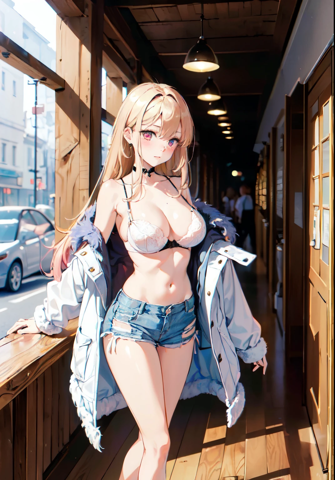 ((((masterpiece, best quality, high resolution)))), 1 girl, average breasts, blush, faint smile, glow, thigh, bare shoulders, clavicle, Willow Yao, split, (Beautiful and delicate face, Beautiful and delicate eyes), (oversized short faux fur coat, White lace bra, ripped denim shorts, High heel),