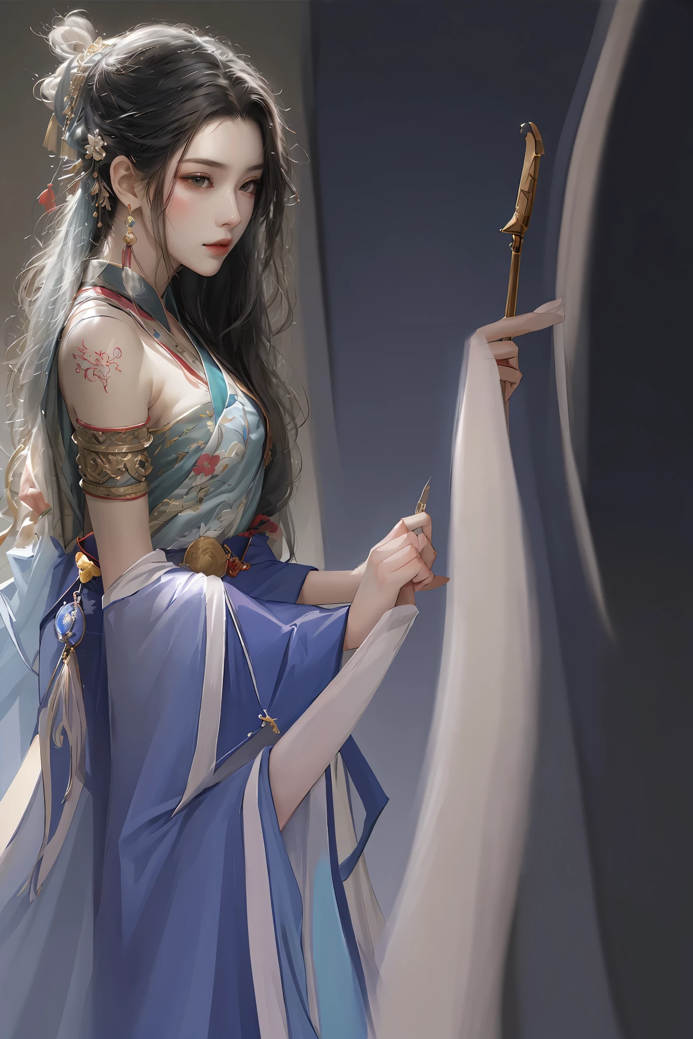 a close up of a woman with long hair wearing a blue dress, beautiful figure painting, guweiz style artwork, palace , A girl wearing Hanfu, author:Yang Jie, guweiz, author:Fan Qi, beautiful fantasy queen, Beautiful digital art work, ((beautiful fantasy queen)), author:Li Song, A beautiful artistic illustration