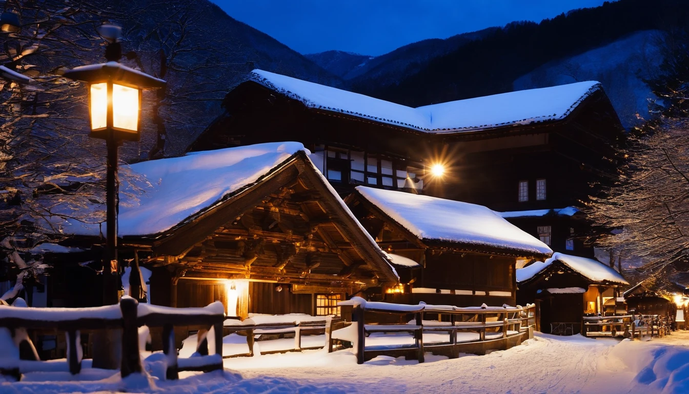 Gassho-making in Shirakawa-go, Gifu Prefecture, snowy scenery, night lights, mythical atmosphere, quiet,