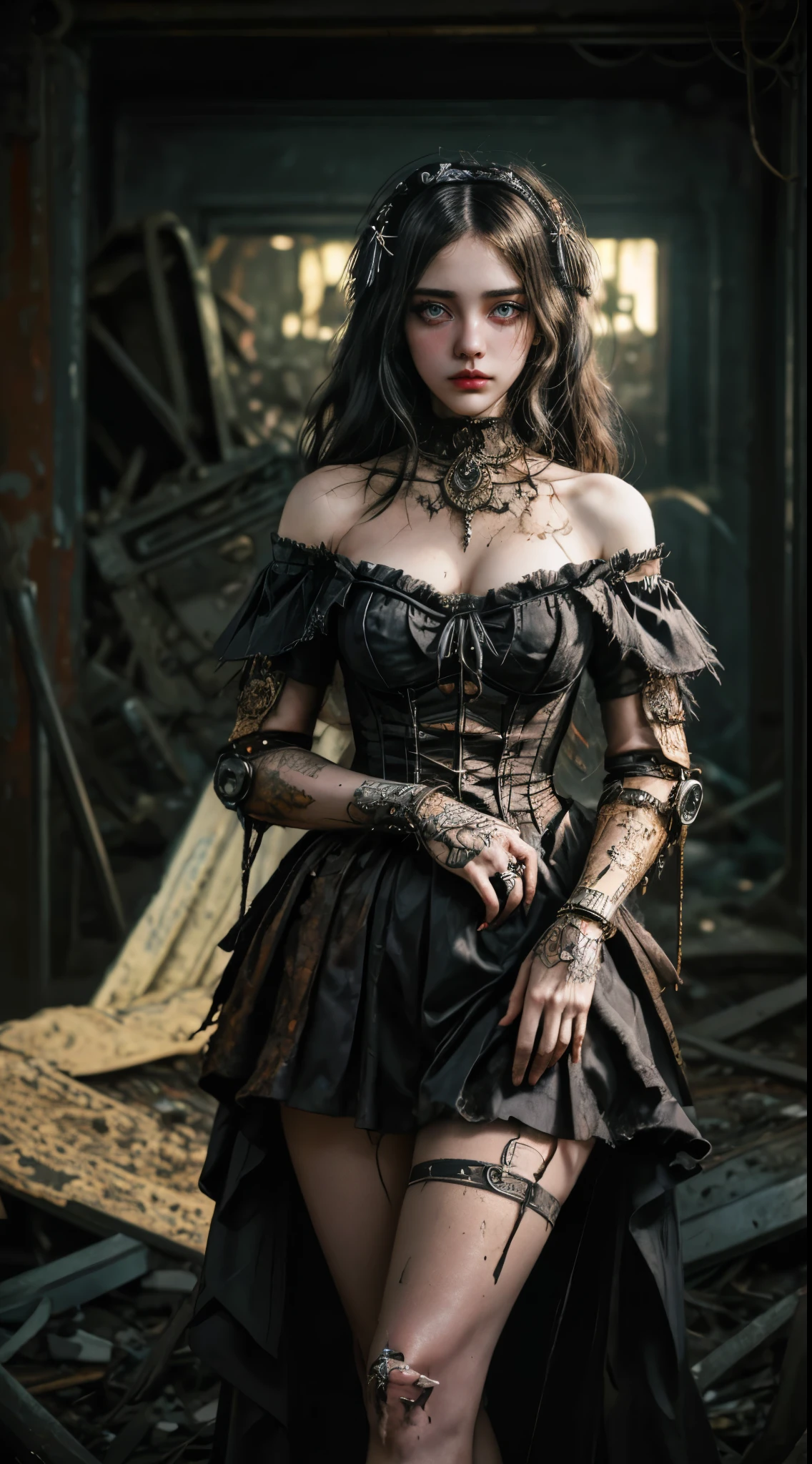 Mechanical girl, (((ultra realistic photo, deep field frequency))), (((Victorian rococo style, deteriorating and decaying and rusting, clothes shredded and torn, metal rusted, very overdone steampunk, goth and lolita, off-the-shoulder))), (((intricate mechanical wings))), very short bob with bangs, matted black hair, flared pleated miniskirt with lace and frills, ((best quality)), ((masterpiece)), cute and adorable, anatomically correct, deteriorating, rotting and rusting, clothes torn to shreds, rusted metal, background detail, organic, lots of gears, (((very dark dramatic film-like lighting, very dark ruins, deep depth of field))), (((very large slanted big eyes))), long eyelashes, thin nose, small mouth, beige lips, thin chin, clear white glossy skin, slender body, Creates a very realistic yet very dreamlike texture, immersing the viewer in a mesmerizing visual experience, very dramatically improved overall accuracy, beautifully rendered with striking contrast for visual impact, award winning, (((16K, UHD, top quality, masterpiece, highly detailed))).