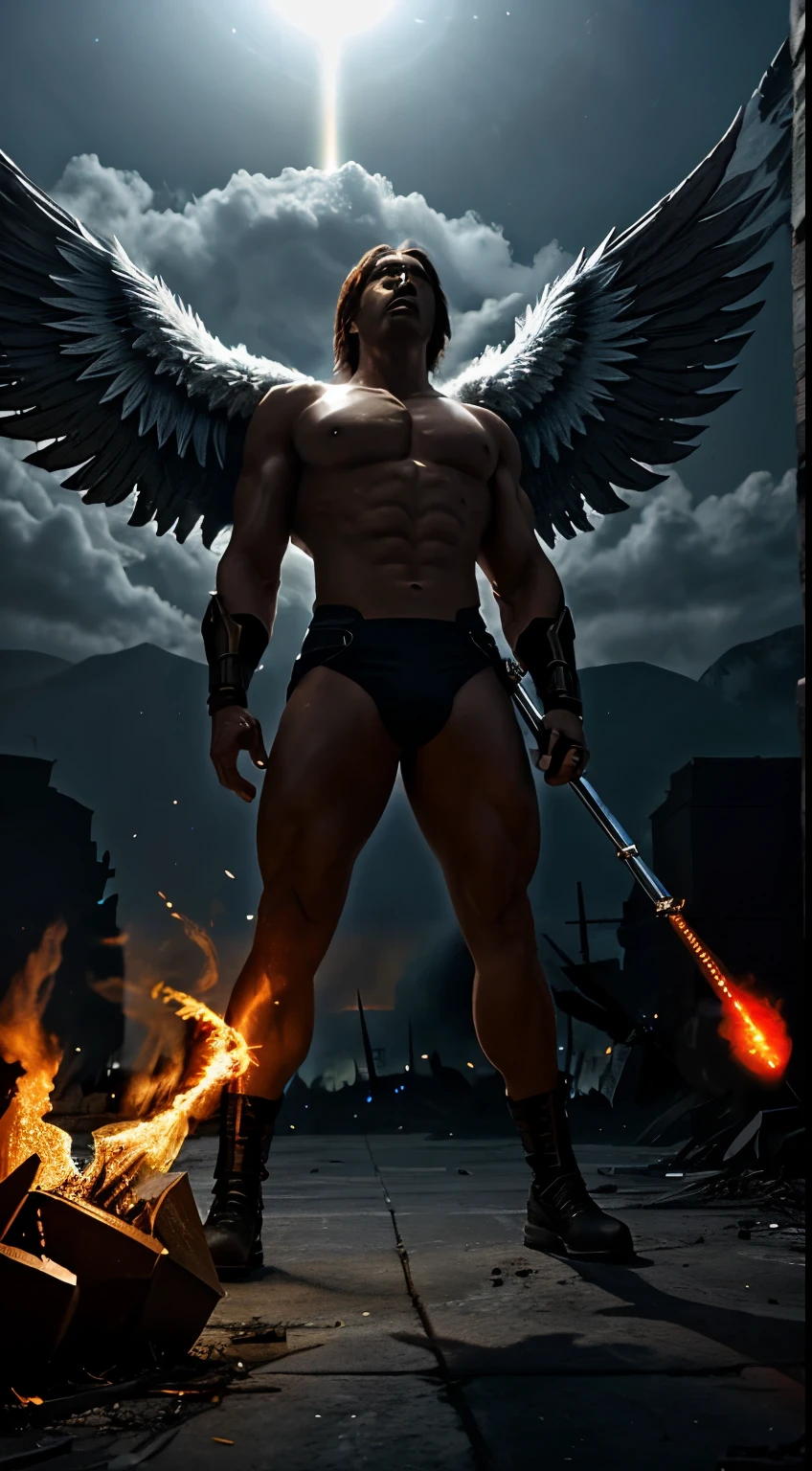 an. muscular warrior angel looking down with an energy halo with huge opened wings in flame on a dark battlefield with lots of dead demons