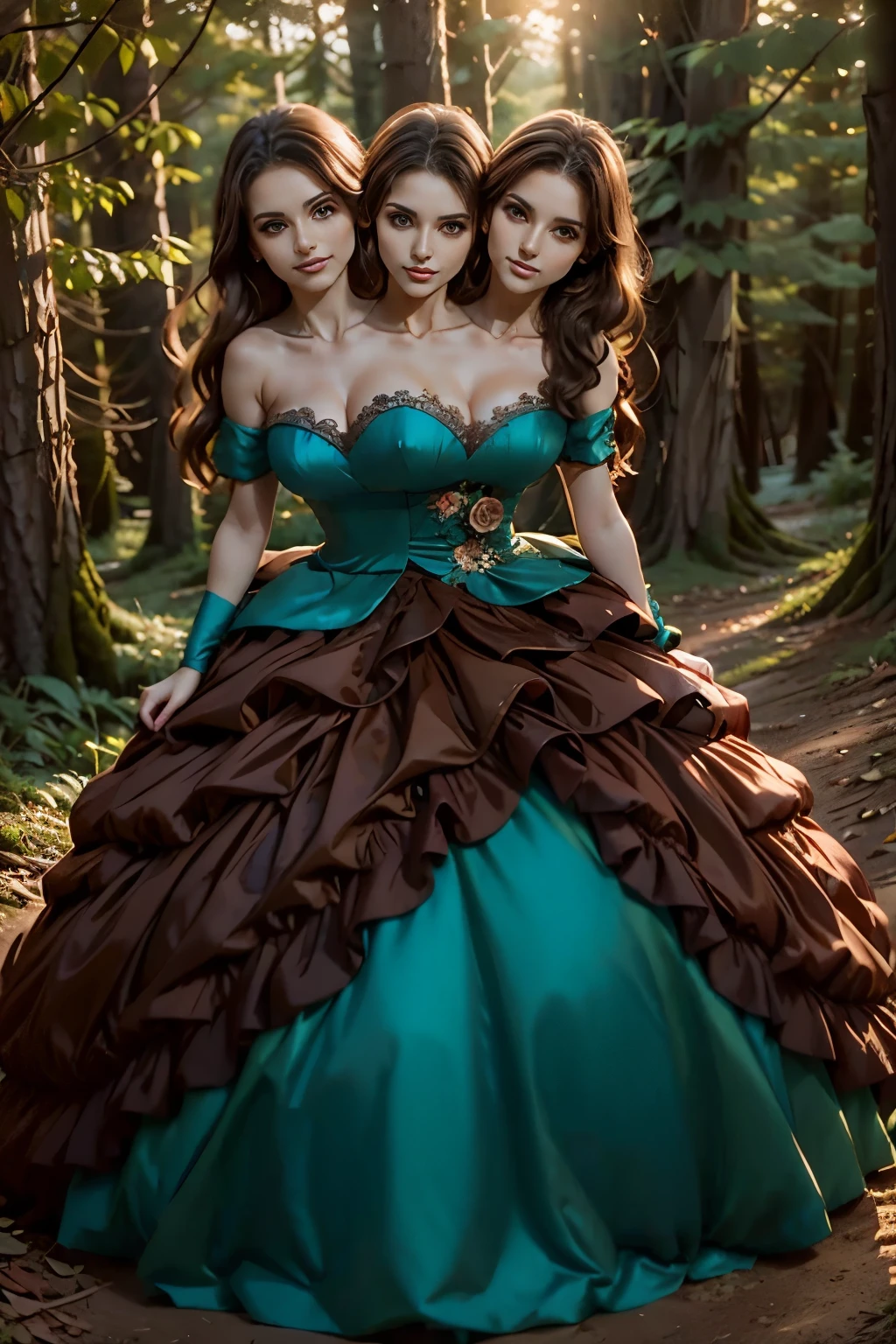 Beautiful mystical woman with brown hair, in a beautiful forest enjoying the sunset, (two heads), ball gown