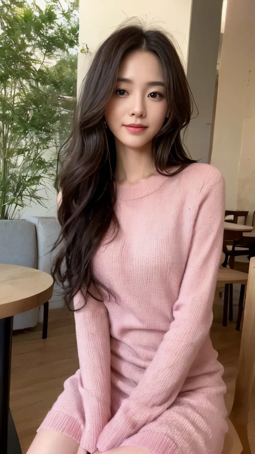 ((top-quality、8k、masterpiece:1.3))、Beautiful woman with perfect body:1.4、slim abdomen:1.2、Longhair, normal breast, Highly detailed facial and skin texture, A detailed eye, delicate eyes, double eyelid, (smile), (full body shot), ((sitting outside of cafe)), (sitting in chair), ((wearing pink sweater dress)), looking in front