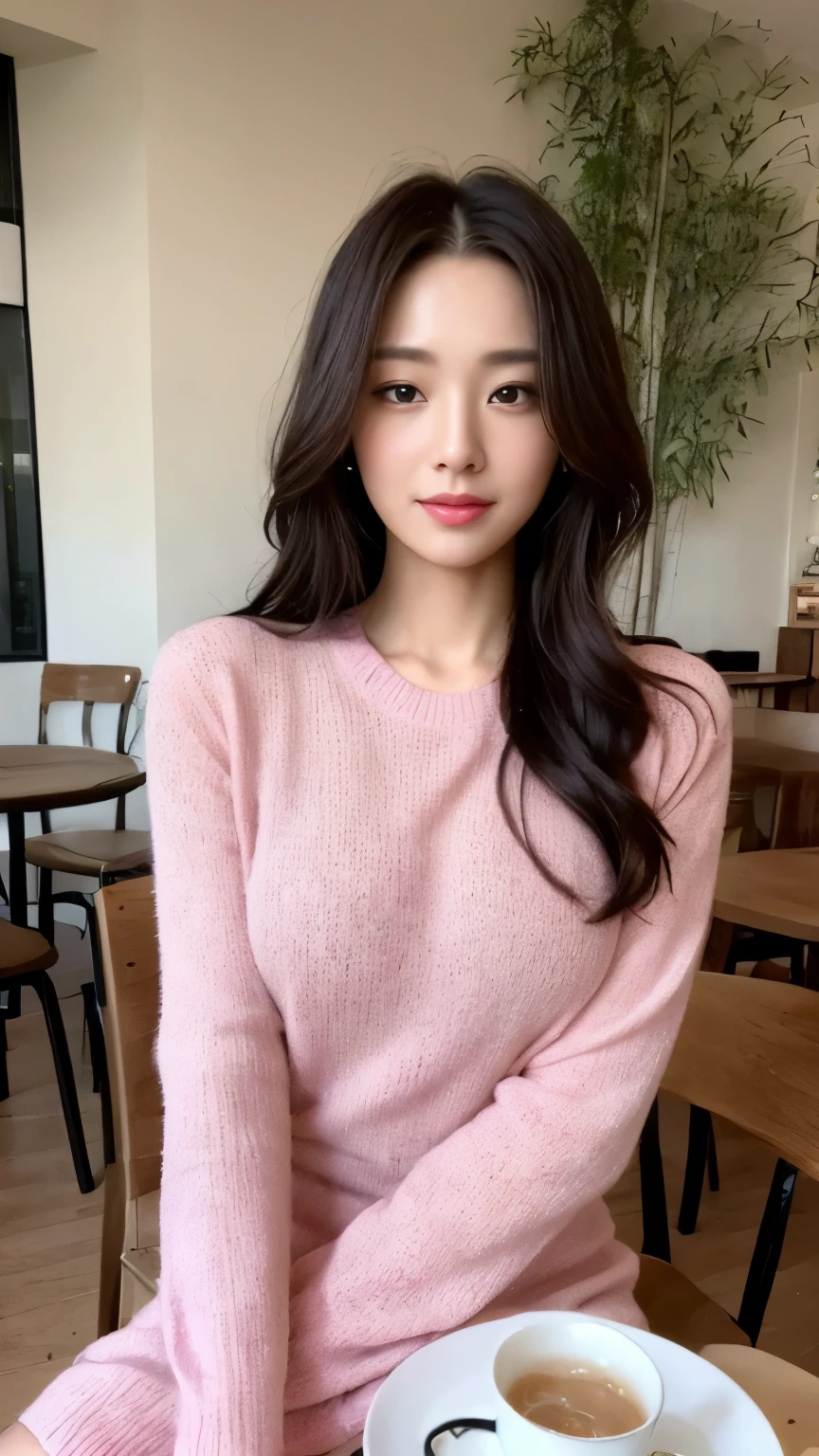 ((top-quality、8k、masterpiece:1.3))、Beautiful woman with perfect body:1.4、slim abdomen:1.2、Longhair, normal breast, Highly detailed facial and skin texture, A detailed eye, delicate eyes, double eyelid, (smile), (full body shot), ((sitting outside of cafe)), (sitting in chair), ((wearing pink sweater dress)), looking in front