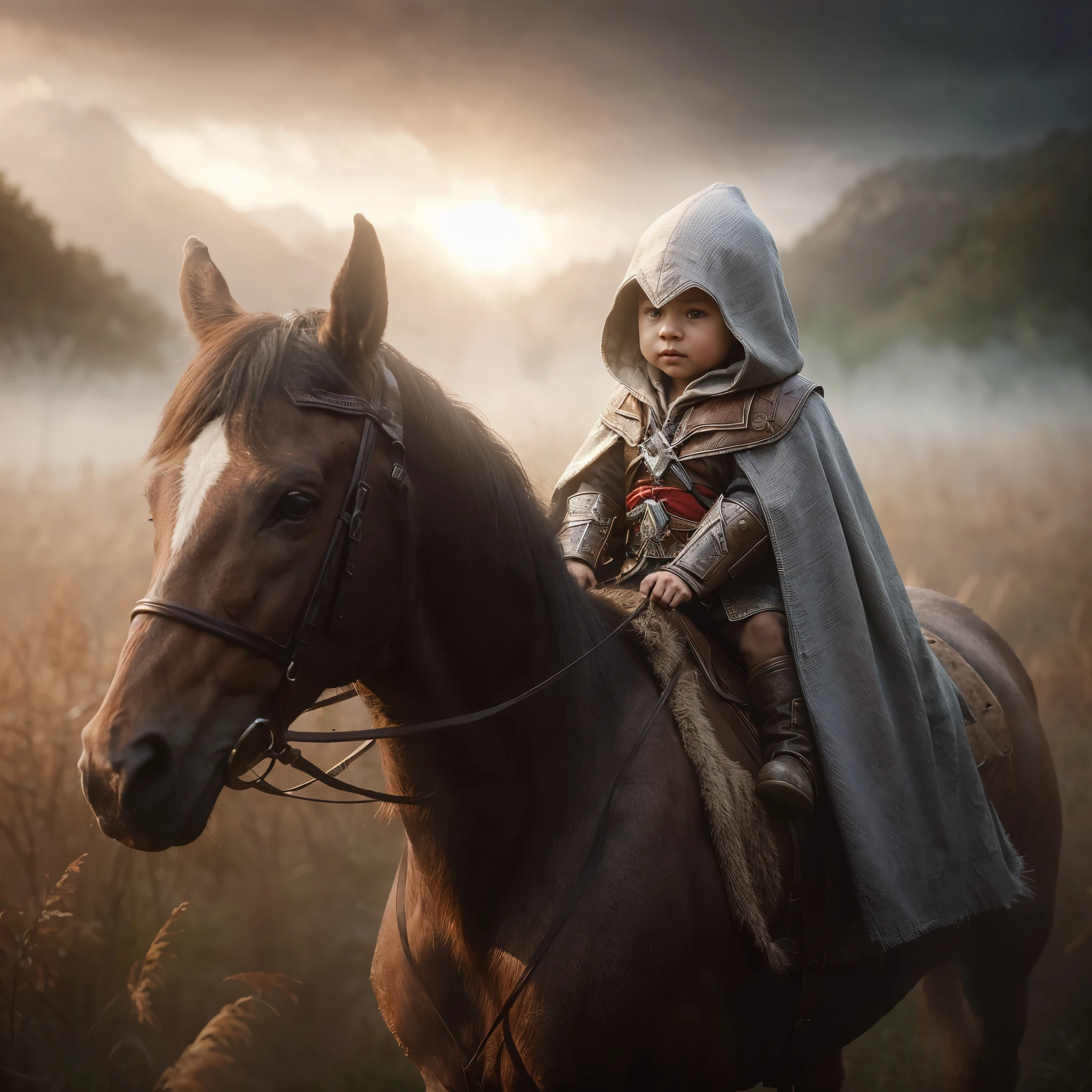 there is a  boy, age onth, ng a horse in a field, inspired by Igor Kieryluk, assassin's creed,hyperrealistic fantasy art, 4k fantasy art, epic fantasy digital art style, by Rudy Siswanto, stunning photo real concept art, 8k fantasy art, epic fantasy art portrait, photorrealistic concept art, adorable digital painting, by Igor Kieryluk