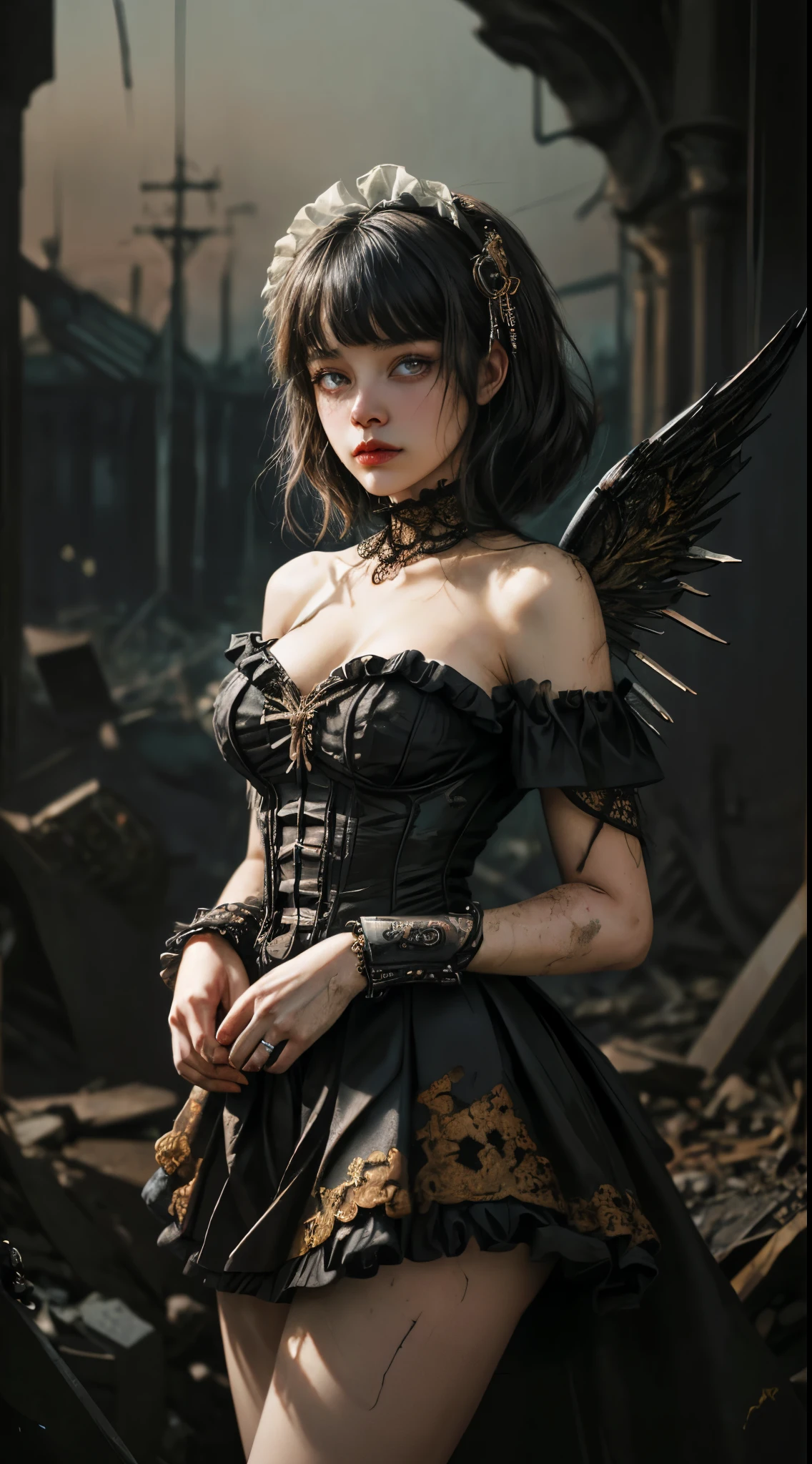 Mechanical girl, cute and adorable, (((ultra realistic photo, deep field frequency))), (((Victorian rococo style, deteriorating and decaying and rusting, clothes shredded and torn, metal rusted, very overdone steampunk, goth and lolita, off-the-shoulder))), (((intricate mechanical wings))), (((very short bob with bangs, matted black hair))), (((flared pleated miniskirt with lace and frills))), (((very dark dramatic film-like lighting, very dark ruins, deep depth of field))), (((very large slanted big eyes))), long eyelashes, thin nose, small mouth, beige lips, thin chin, clear white glossy skin, slender body, anatomically correct, deteriorating, rotting and rusting, clothes torn to shreds, rusted metal, background detail, organic, lots of gears, Creates a very realistic yet very dreamlike texture, immersing the viewer in a mesmerizing visual experience, very dramatically improved overall accuracy, beautifully rendered with striking contrast for visual impact, award winning, (((16K, UHD, top quality, masterpiece, highly detailed))).