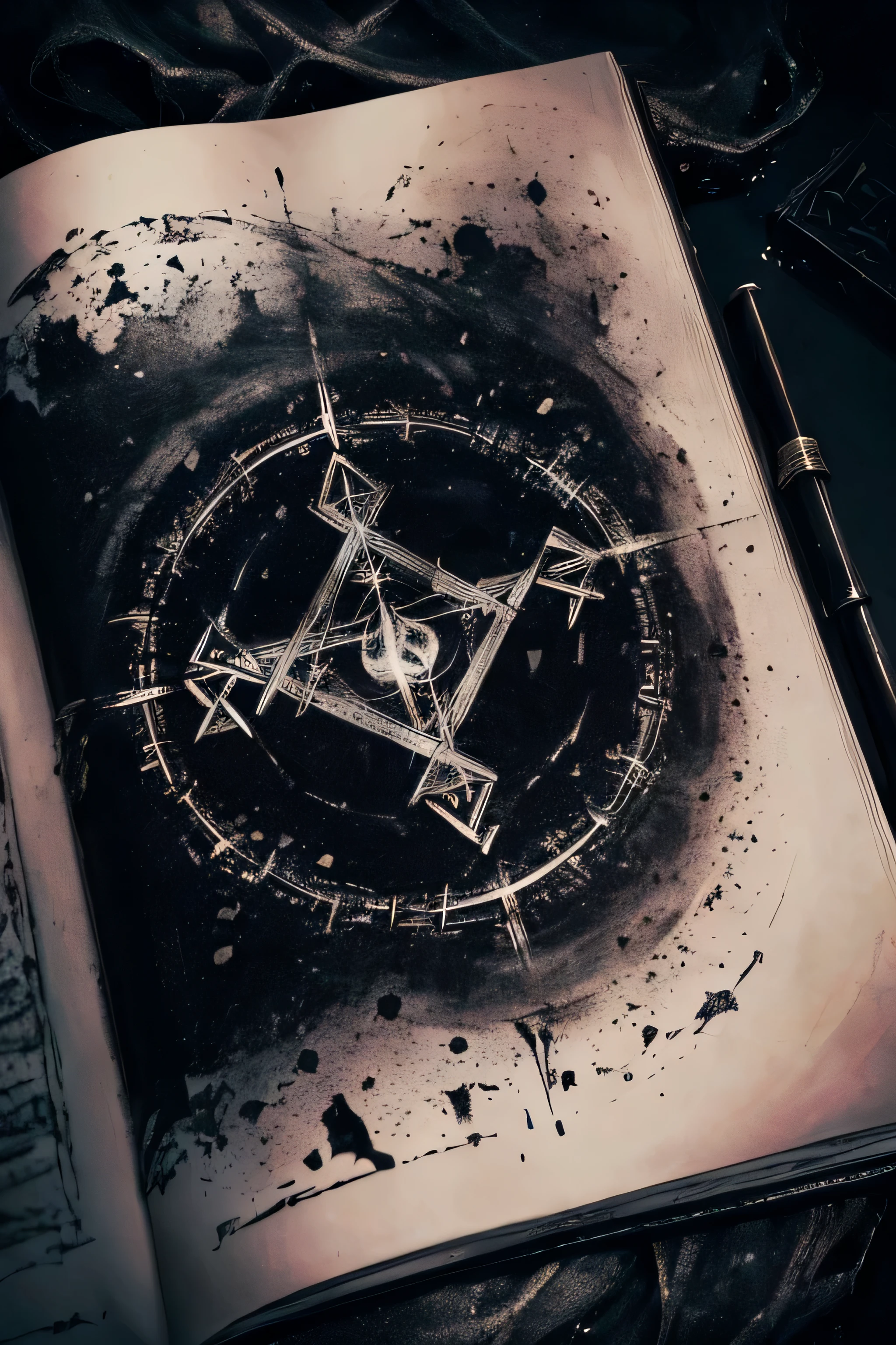 ((an old black book in classic style)), with runic words, (the cover had burnt marks), Covered in dark power and black flames. Dark magic circle style, with runic words, ultra high res.photorealistic:.1.4,UHD