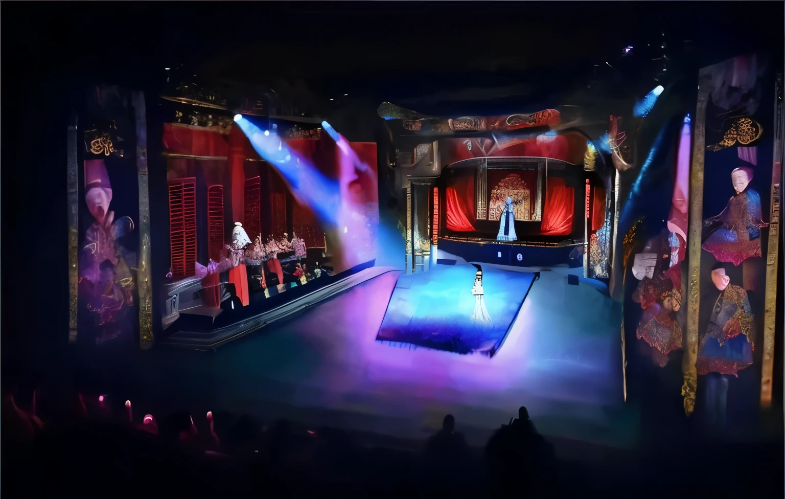 opera actor,stage,dim light,ultra high definition,4k,show,White walls and gray tiles,Opera performances,Audience perspective,Chinese style,stage表演,actress,Congratulations on birthday