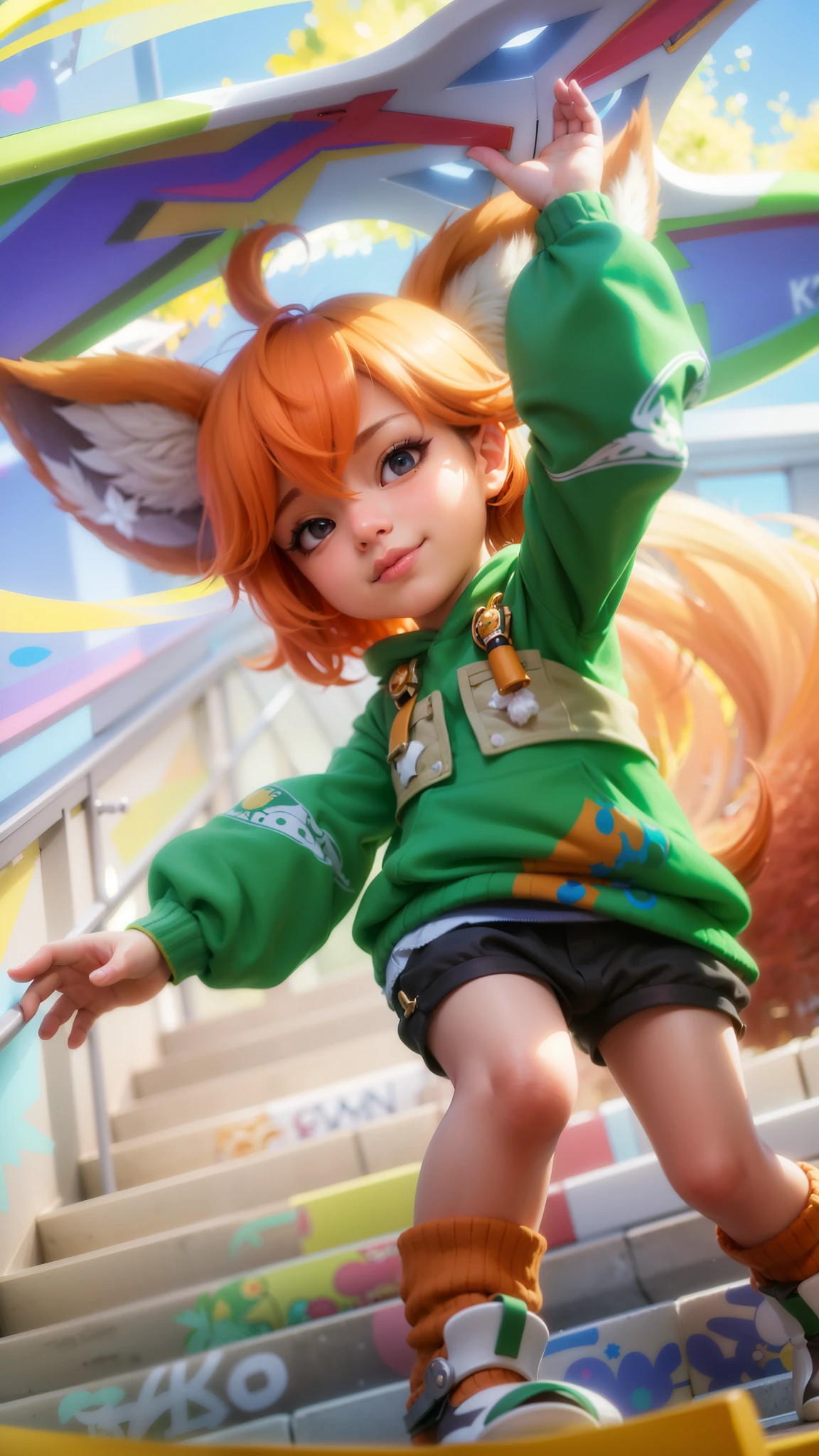 masterpiece, ((perfect eyes)) best quality, (semirealism:1.9), beautiful lighting, (extremely detailed CG unity 4k fhd wallpaper), High Detail, Sharp focus, dramatic outdoors, brown hair, light purpel eyes, a close up of a person on a skateboard on a ramp, splash art anime , fanart, foxgirl, traditional art, vivy, ahri, fox from league of legends chibi, female furry mini cute style, by Shitao, tonic the fox, artgerm lau, wlop and sakimichan, extremely detailed artgerm, smile.
