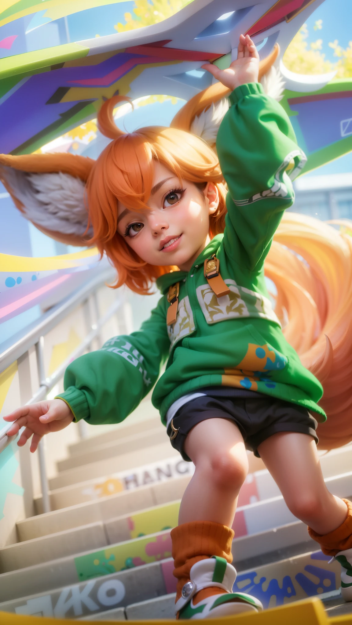 masterpiece, ((perfect eyes)) best quality, (semirealism:1.9), beautiful lighting, (extremely detailed CG unity 4k fhd wallpaper), High Detail, Sharp focus, dramatic outdoors, brown hair, light purpel eyes, a close up of a person on a skateboard on a ramp, splash art anime , fanart, foxgirl, traditional art, vivy, ahri, fox from league of legends chibi, female furry mini cute style, by Shitao, tonic the fox, artgerm lau, wlop and sakimichan, extremely detailed artgerm, smile.