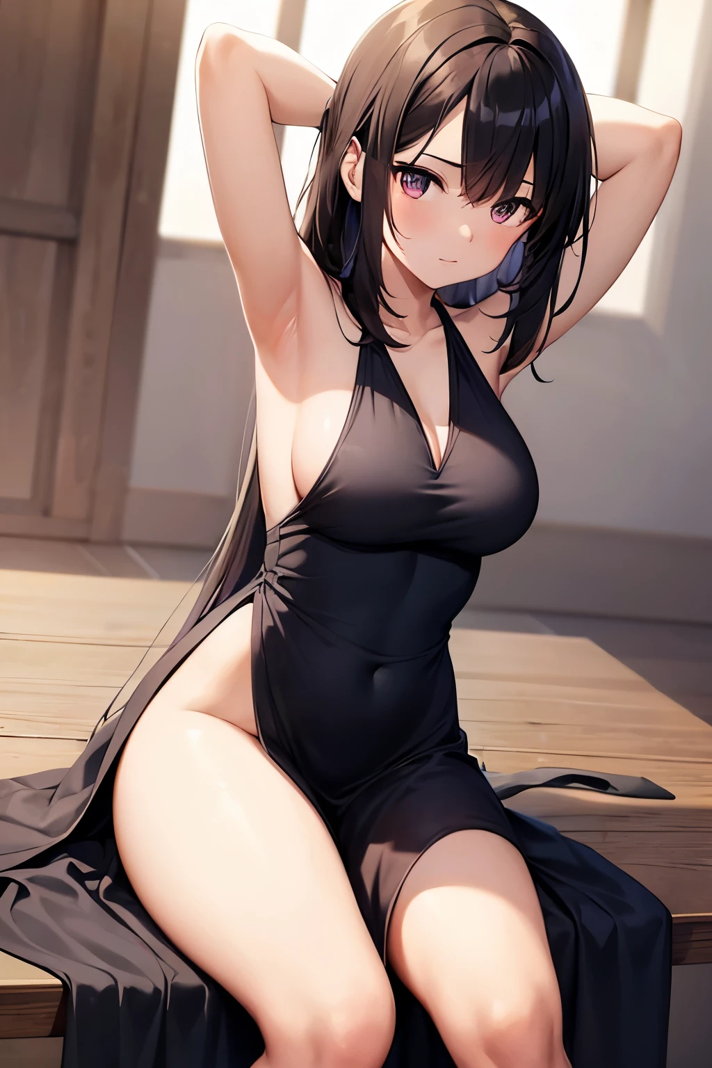 Female, Revealing dress, Voluptuous, Sitting, Armpit, Half nude