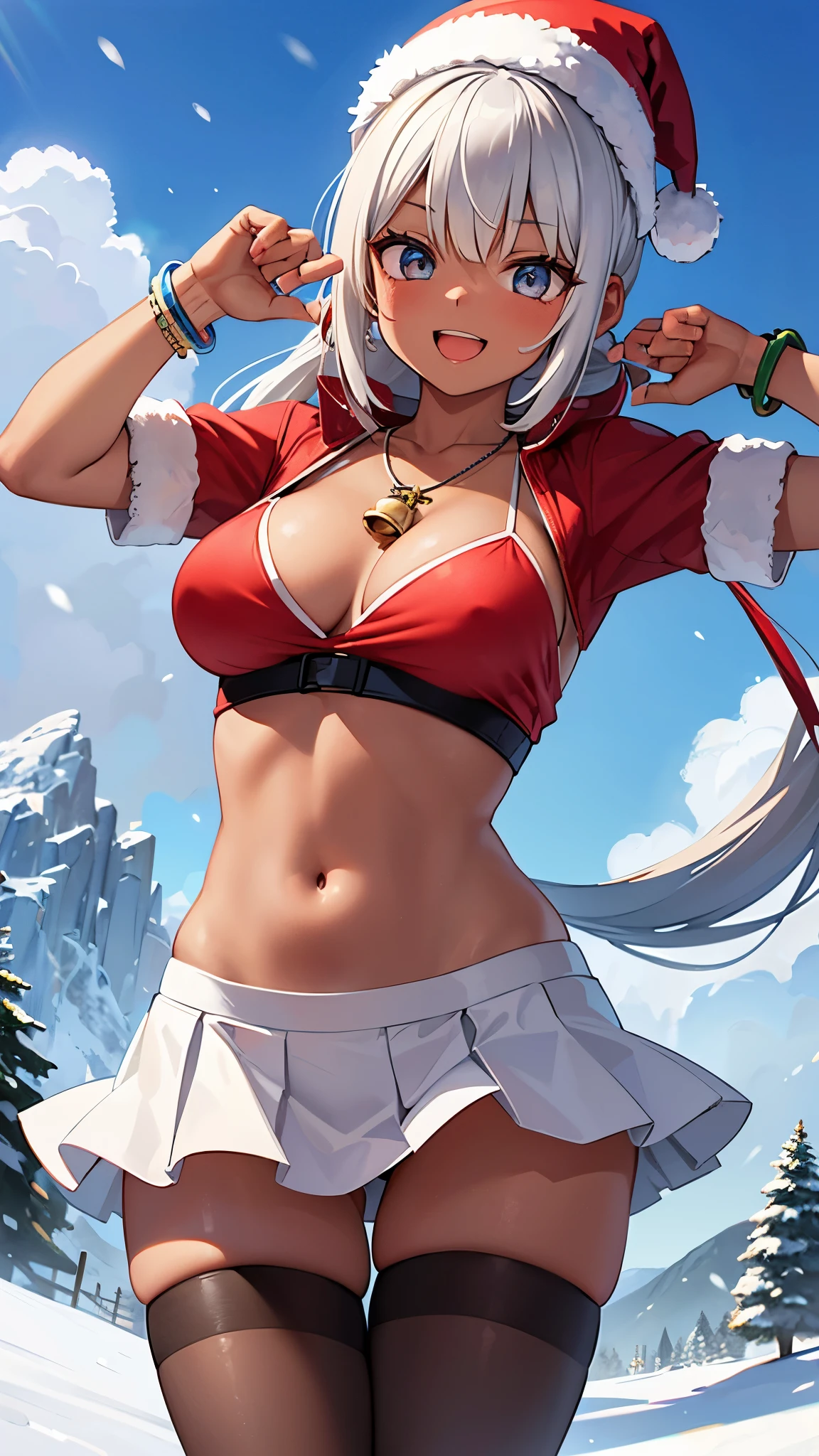 enako, (high resolution)(best quality)(ultra-detailed)(masterpiece)(8K), beautiful face,(masterpiece)(8K), beautiful face,((masterpiece)),((best quality)),((perfect anatomy)),(((perfect hands))),(((extremely detailed five fingers))),cowboy shot,A distant angle from below, looking at the viewer,1women,beautiful face,detailed outfit,Santa girl,She wears a Flower patterned Bikinis like strings and a down jacket.(I have a snowboard.),(( dark skin)),(( tan, dark skin))(Santa top), (Santa skirt), (Santa hat), (bell necklace), (bracelet), vibrant colors, rich in details and texturs,lightweight sweater, navel,shortsleeves,skirt,thighhighs,tight body,beautiful feet,long legs,ponytail,bangs,smile,open mouth,enthusiasm pose, lively pose,(snow), (white Christmas),(snowy mountains,snowfield),