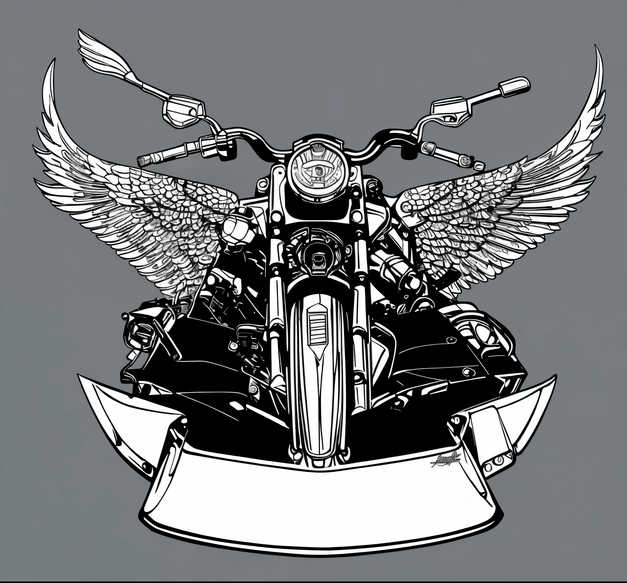 a close up of a motorcycle with wings and a banner, cyclist, motorcycle, Very detailed illustrations.”, detailed artwork, Hand drawn illustration, motorcycle concept art, motorcycle, one motorcycle in center of frame, High detail illustration, harley davidson motorcycle, HD illustrations, Heavy metal t-shirt design, Gray paper sketch ink style, motorcyclist, with an eagle emblem