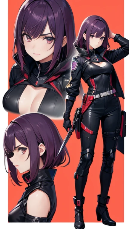 Character design sheet pour un personnage féminin de style manga, named 'Akira'. Presentation of the different views of the character : face, profil, dos, three-quarter front and three-quarter rear. Features : cheveux longs et noirs avec une mèche rouge, yeux violets en amande, peau claire, slim, athletic figure. Tenue : black and silver bodycon jumpsuit with red color accents, bottes montantes et gants assortis. Accessoires : futuristic sword with a glowing pommel, Thigh holster, and a metal badge on the chest. Expression faciale : serious and determined. Style artistique : ligne claire, couleurs vives et ombrages dynamiques.