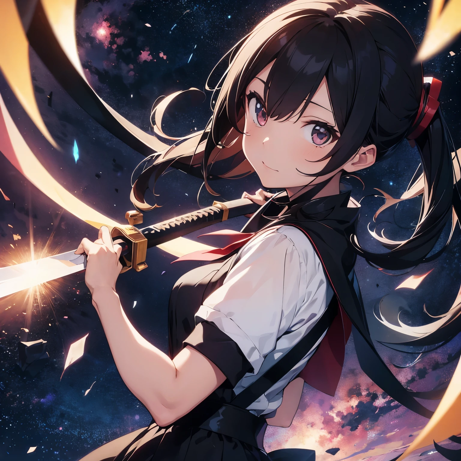 Cosmic anime girl with scythe and katana