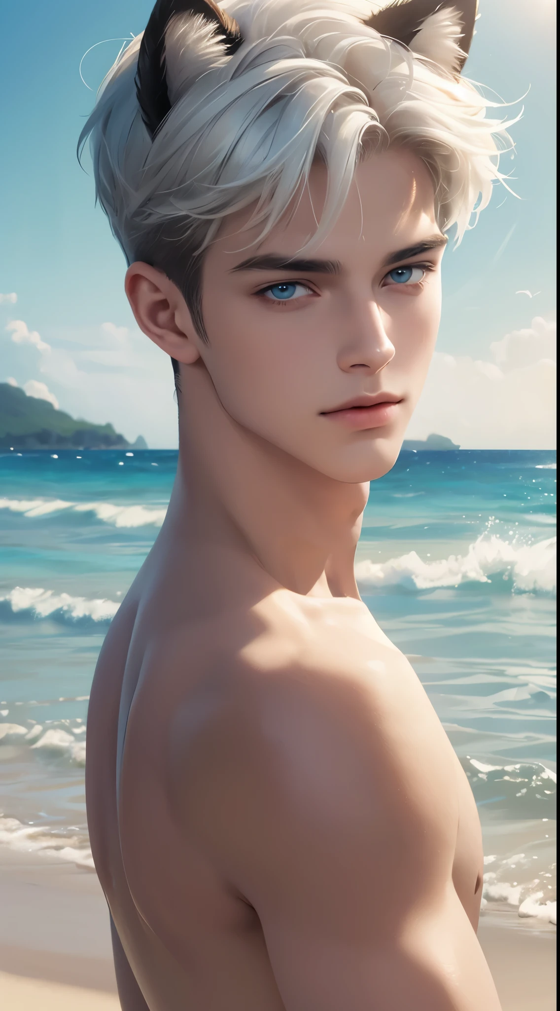 4k, high resolution, best quality, masterpiece, perfect color, perfect shade, perfect lighting, Posted by e621, ((portrait)), ((handsome man)), perfect male figure, Short hair details，Naked torso，Detailed face, perfect face, (stood up), Detailed background, ((Bonifasco Lighting)), (delicate eyes),(animal ears),white hair，((beach))