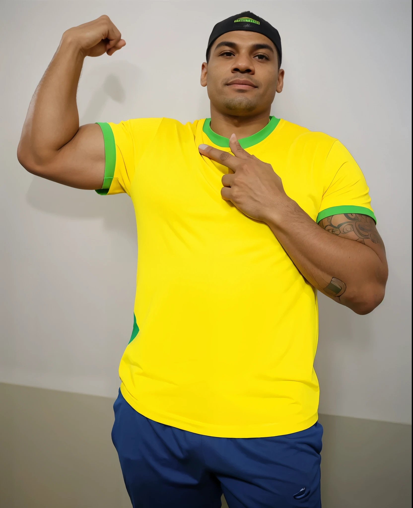 Um Homen, Usando a camiseta do Brasil, Brazilian National Team T-shirt, Brazilian Team, Brasil, extremamente realista, extremamente realista, forte, Fitness