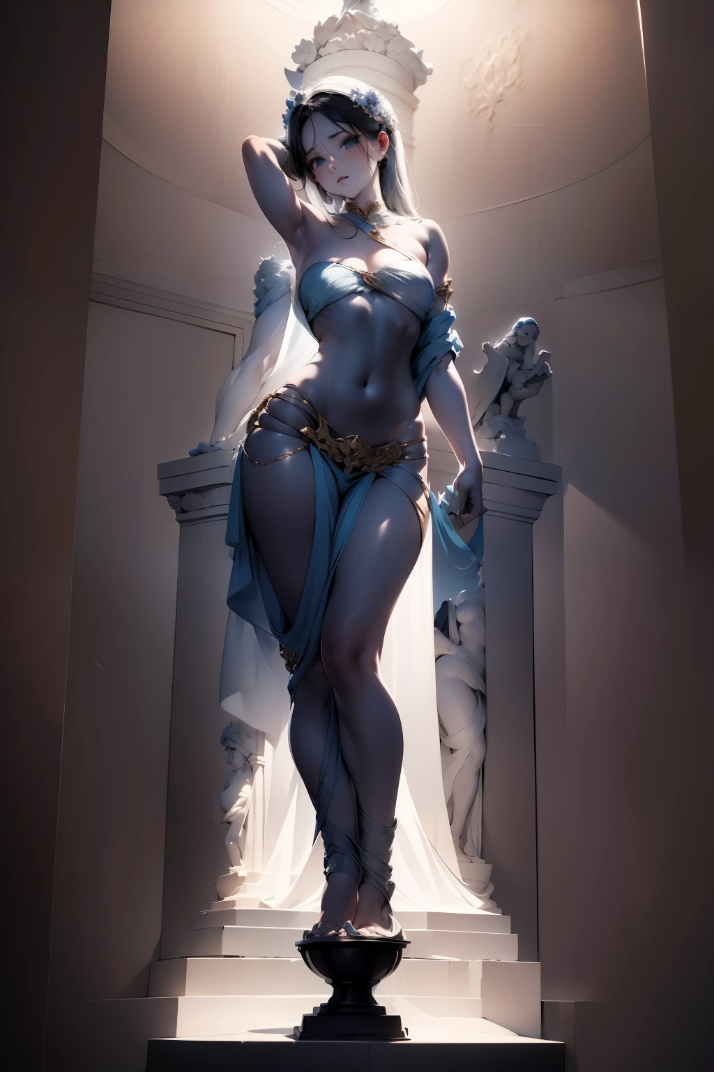 monochromatic marble statue, Sculptural works, age girl, on the pedestal, Flower sculpture, masterpiece, artistic lighting, fine shading, high contrast, highest quality, best image quality