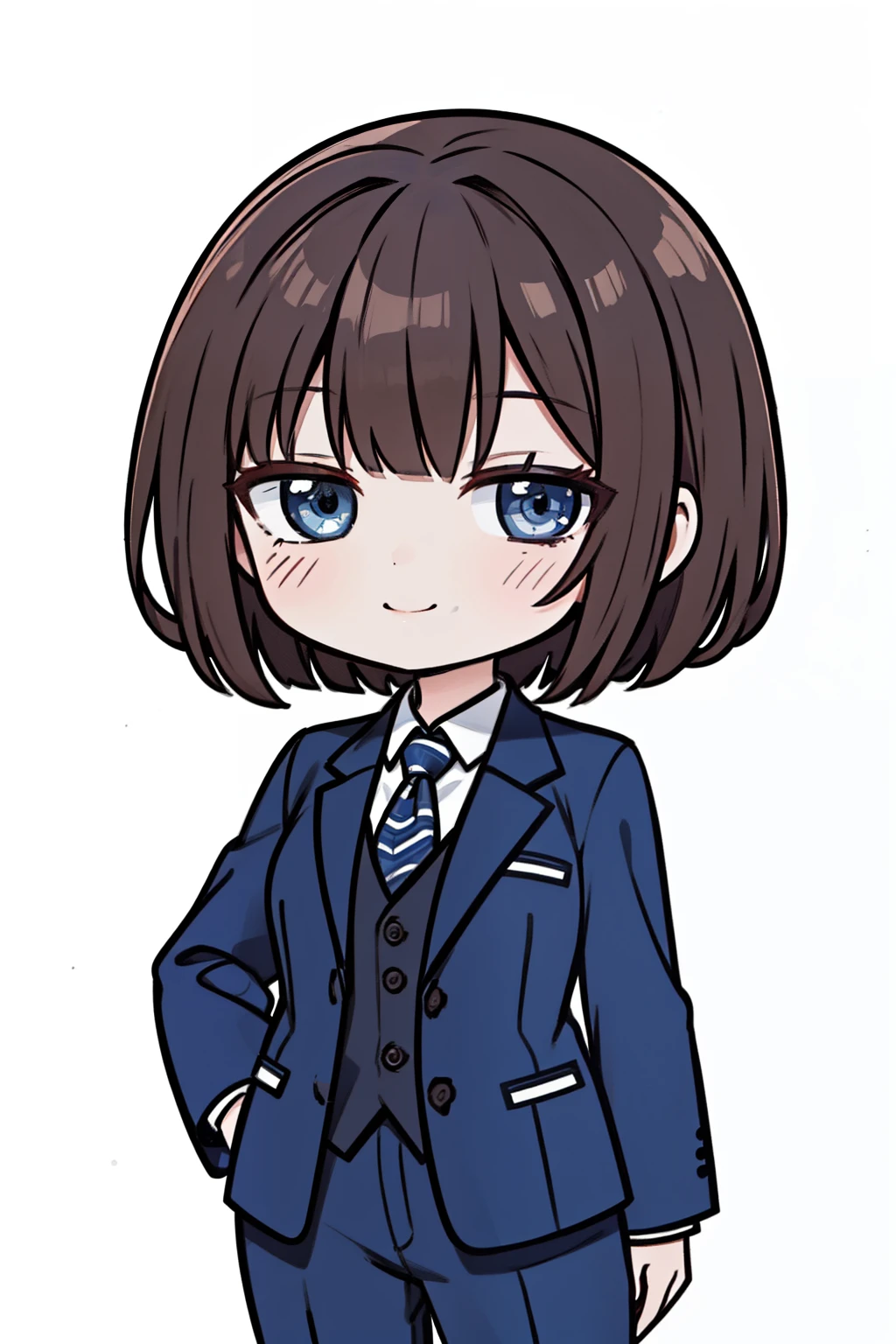 master piece, best quality, high resolution / hires, ultra-detailed, illustration, from front, cowboy shot, looking at viewer, (chibi character:1.2), (1woman:1.2), short hair, dark brown hair, dark blue business suit, ((simple white background)), natural smile, standing pose,