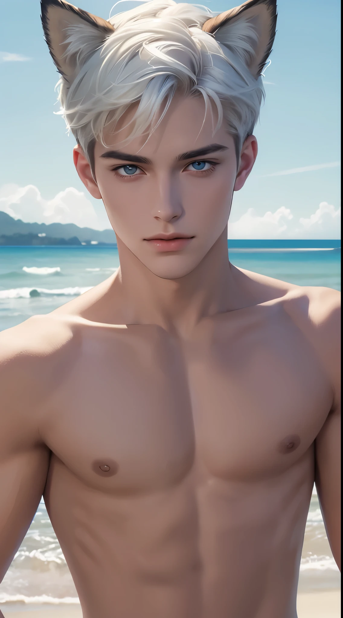 4k, high resolution, best quality, masterpiece, perfect color, perfect shade, perfect lighting, Posted by e621, ((portrait)), ((handsome man)), perfect male figure, Short hair details，Naked torso，Detailed face, perfect face, (stood up), Detailed background, ((Bonifasco Lighting)), (delicate eyes),(animal ears),white hair，((beach))