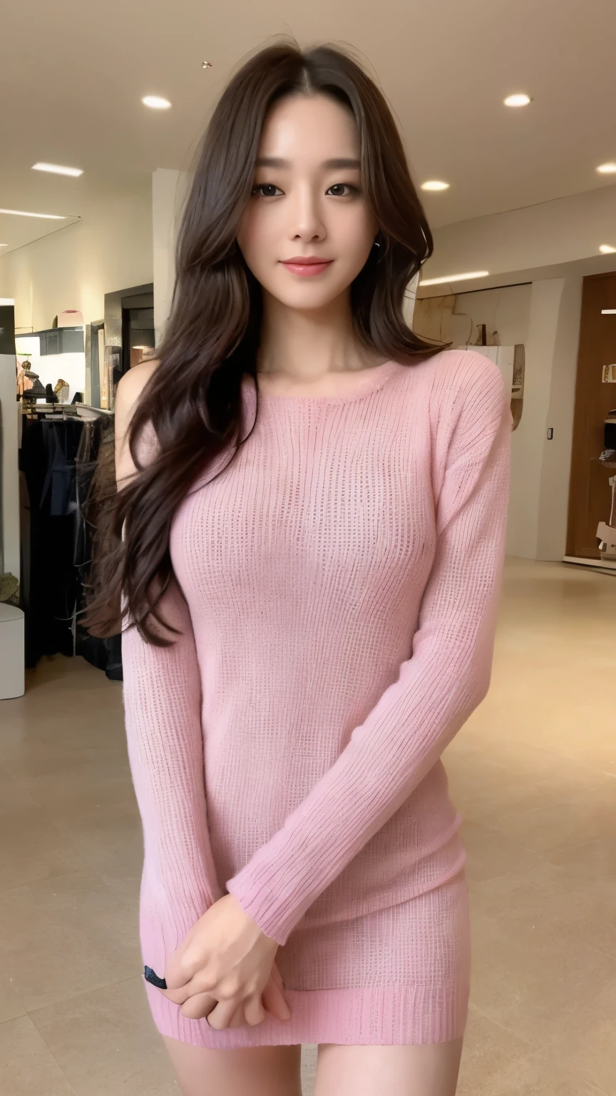 ((top-quality、8k、​masterpiece:1.3))、Beautiful woman with perfect body:1.4、slim abdomen:1.2、Longhair, normal breast, Highly detailed facial and skin texture, A detailed eye, delicate eyes, double eyelid, (smile), (full body shot), ((shopping mall)), (standing), ((wearing pink sweater dress)), looking in front