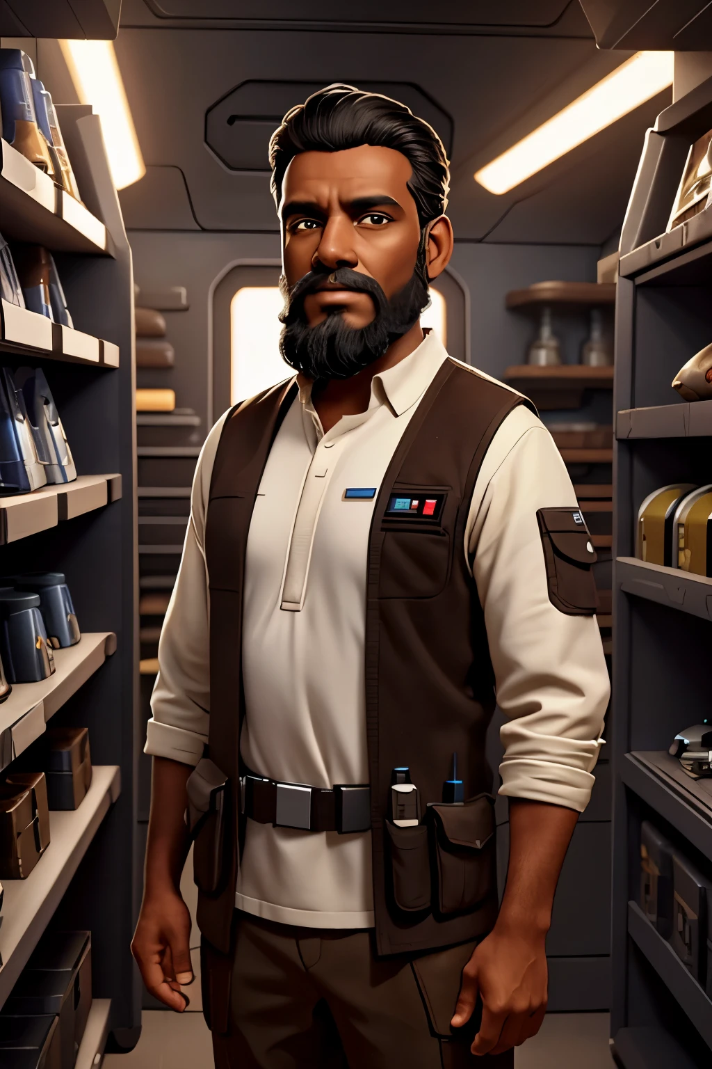 Star wars, sci-fi, futuristic, (((blank background))), shopkeeper, technician, repariman, 45-years-old, black hair, beard, ((dark brown skin)), indian
