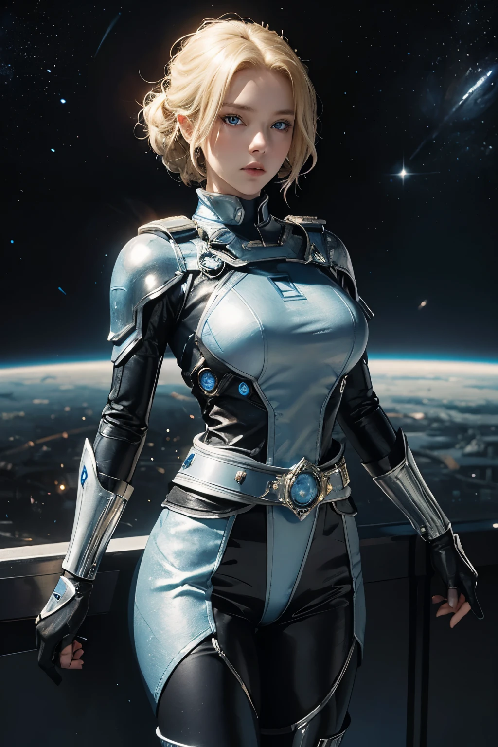A beautiful woman. 20s. Blonde hair and blue eyes. She is looking at the camera with a defiant expression. She wears a silver metallic battle uniform. There is something on his waist that is reminiscent of Kamen Rider's transformation belt. In her background is an image of outer space and a giant space battleship. A masterpiece.