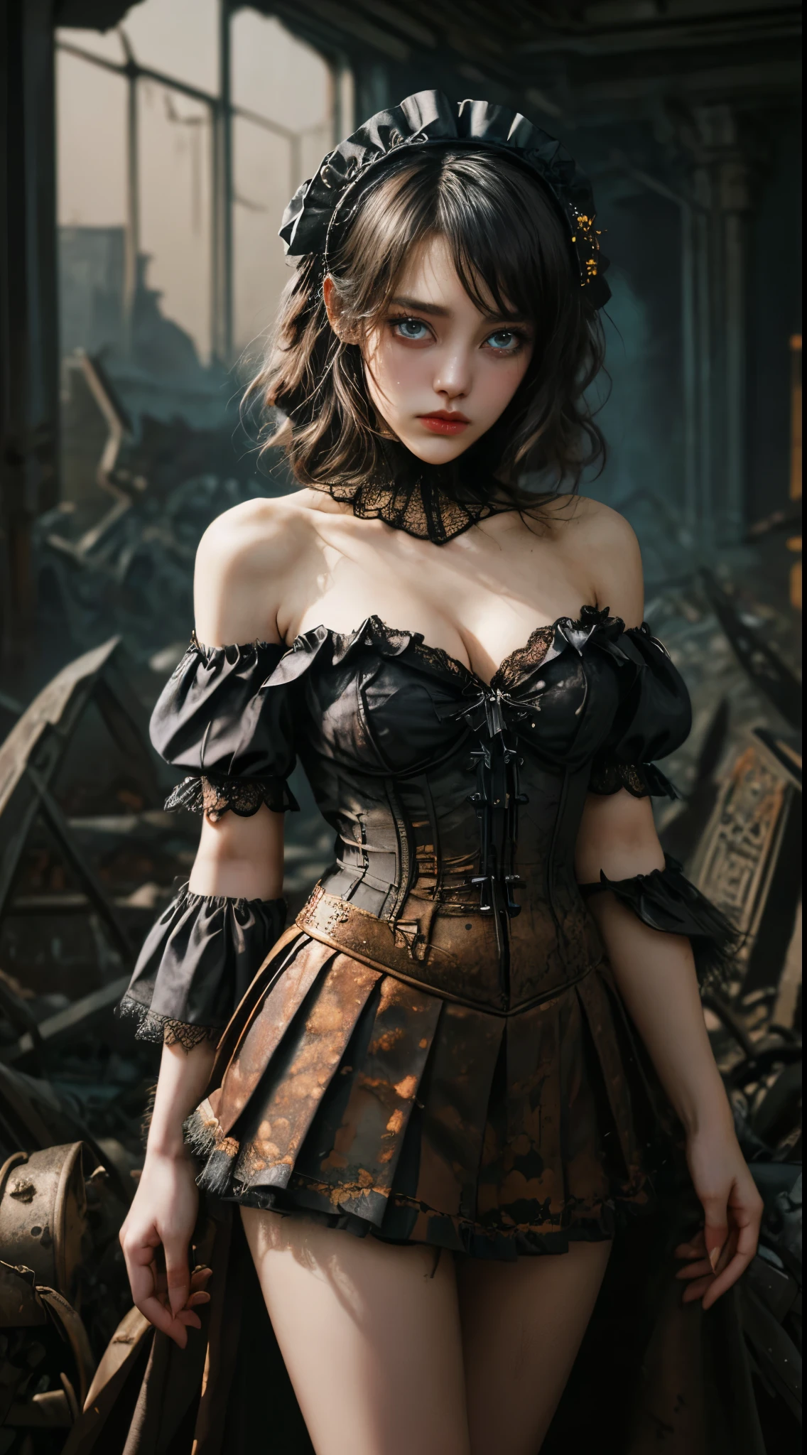 Mechanical girl, (((intricate mechanical wings))), cute and adorable, (((ultra realistic photo, deep field frequency))), (((Victorian rococo style, deteriorating and decaying and rusting, clothes shredded and torn, metal rusted, very overdone steampunk, goth and lolita, off-the-shoulder))), (((very short bob with bangs, matted black hair))), (((flared pleated miniskirt with lace and frills))),  (((very dark dramatic film-like lighting, very dark ruins, deep depth of field))), (((very large slanted big eyes))), long eyelashes, thin nose, small mouth, beige lips, thin chin, clear white glossy skin, slender body, anatomically correct, deteriorating, rotting and rusting, clothes torn to shreds, rusted metal, background detail, organic, lots of gears, Creates a very realistic yet very dreamlike texture, immersing the viewer in a mesmerizing visual experience, very dramatically improved overall accuracy, beautifully rendered with striking contrast for visual impact, award winning, (((16K, UHD, top quality, masterpiece, highly detailed))).